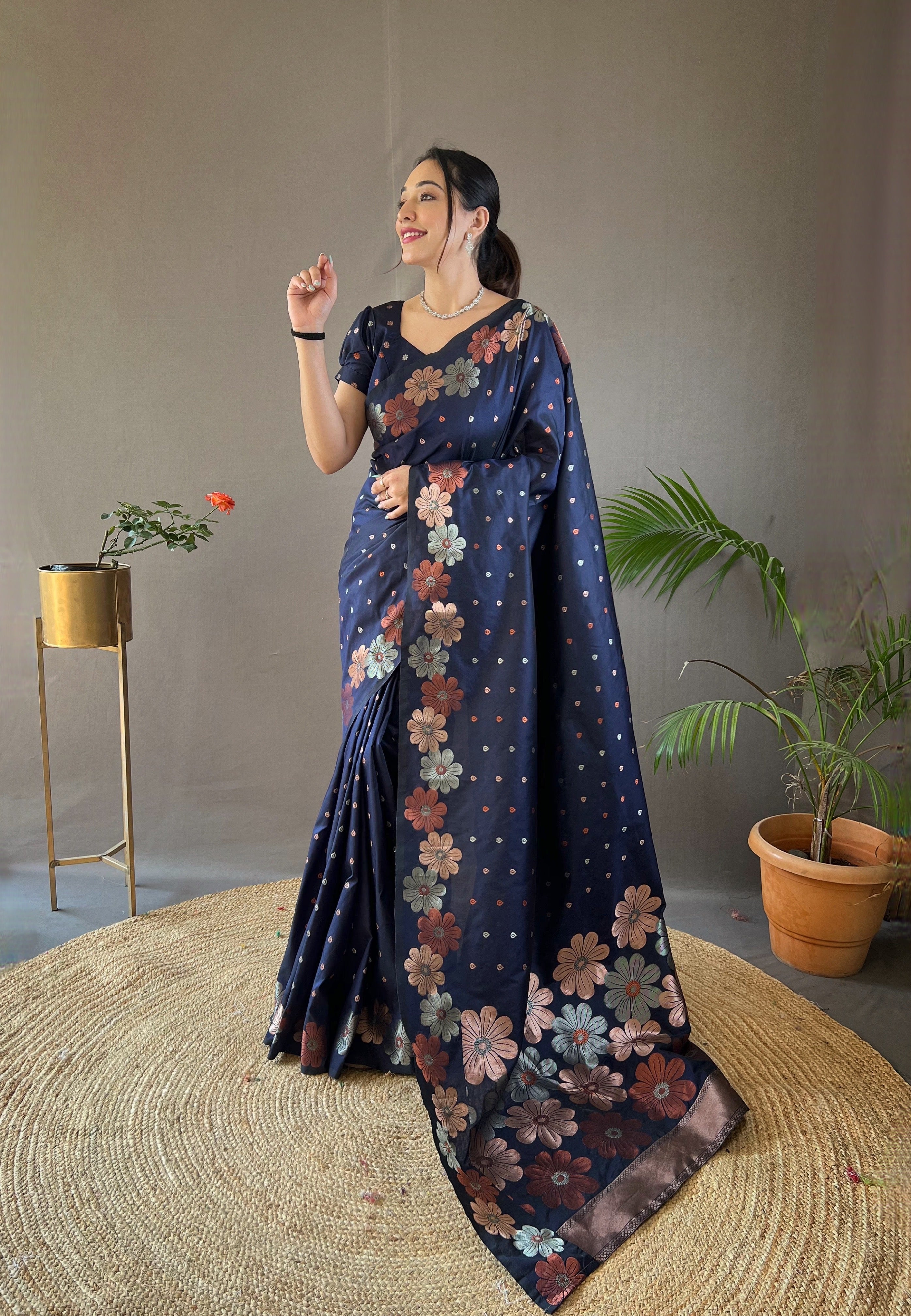 Rhino Blue Floral Woven Designer Silk Saree