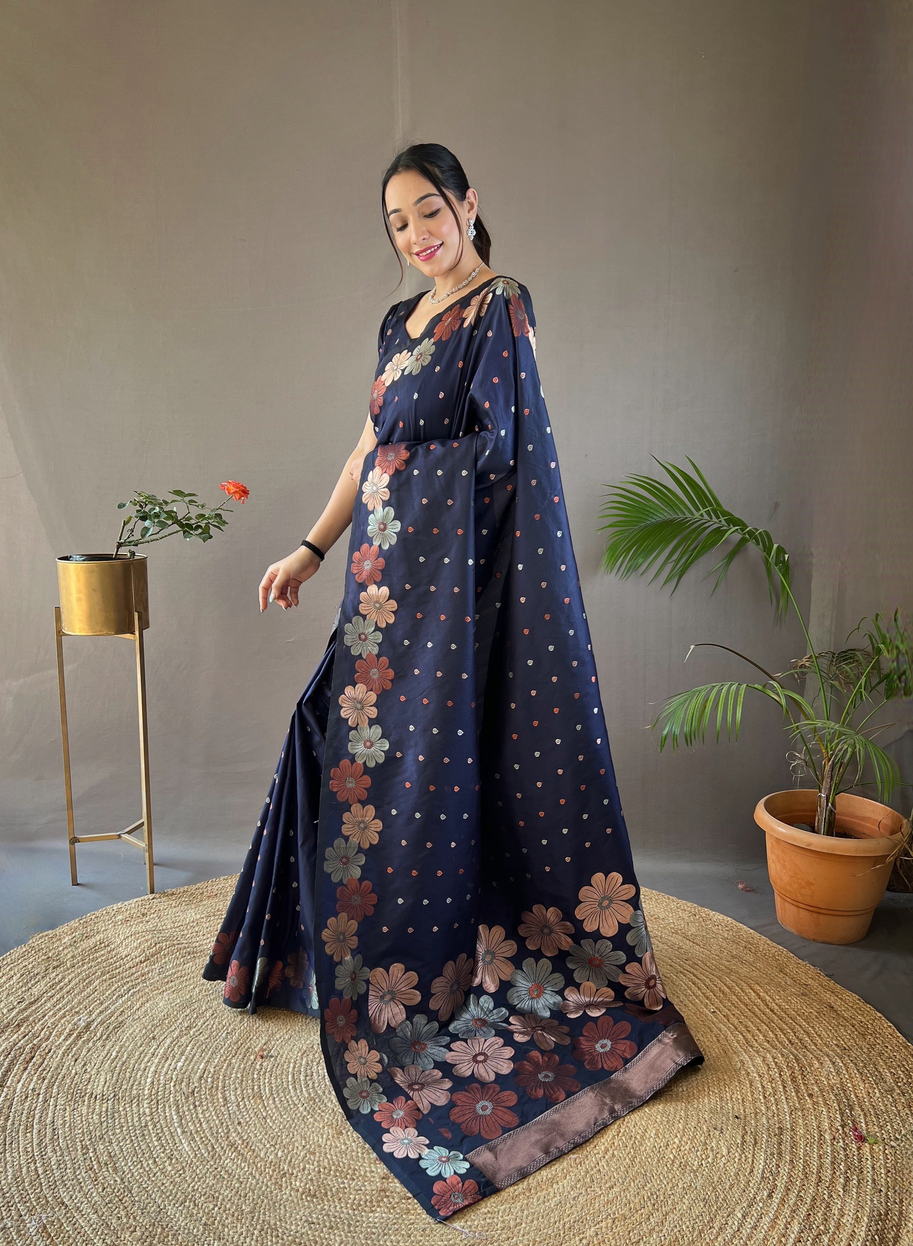 Rhino Blue Floral Woven Designer Silk Saree