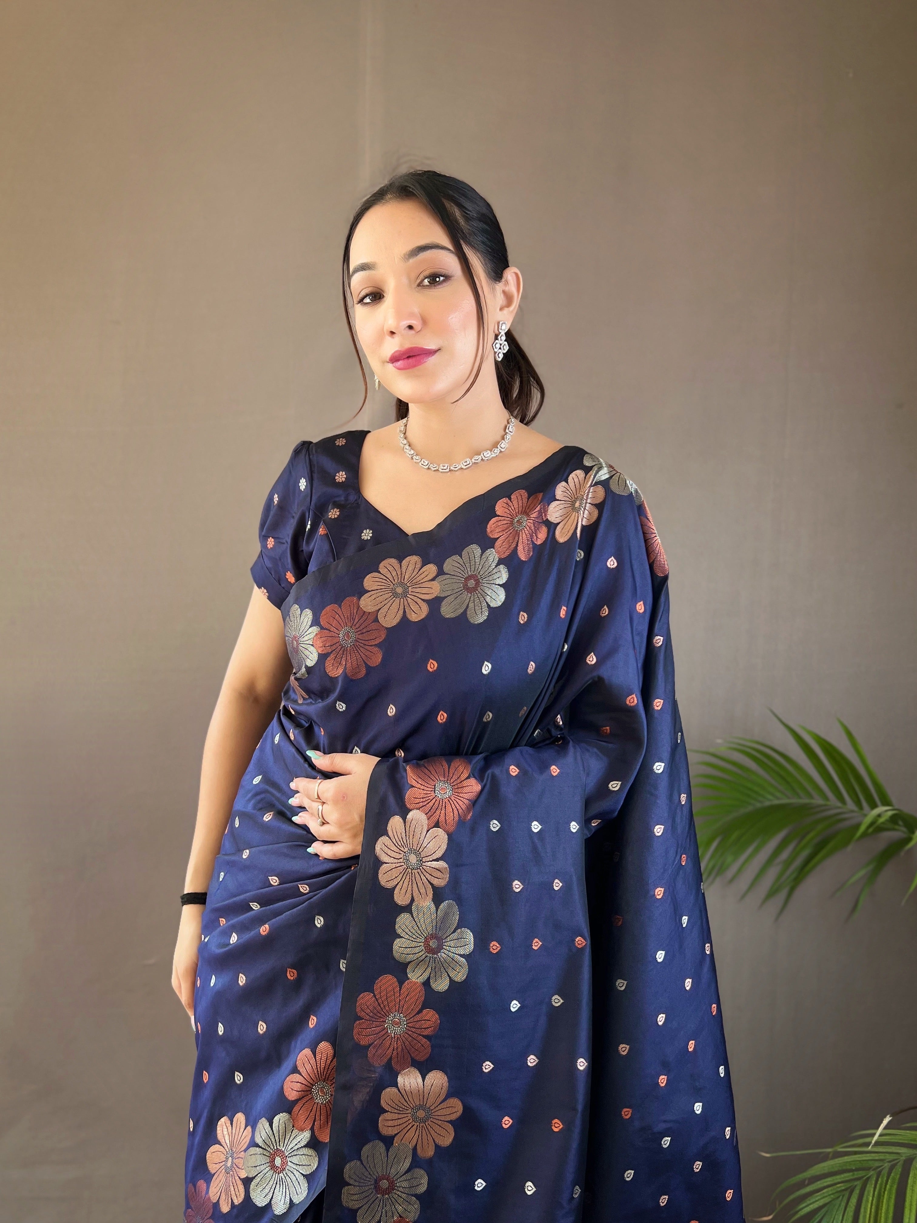 Rhino Blue Floral Woven Designer Silk Saree