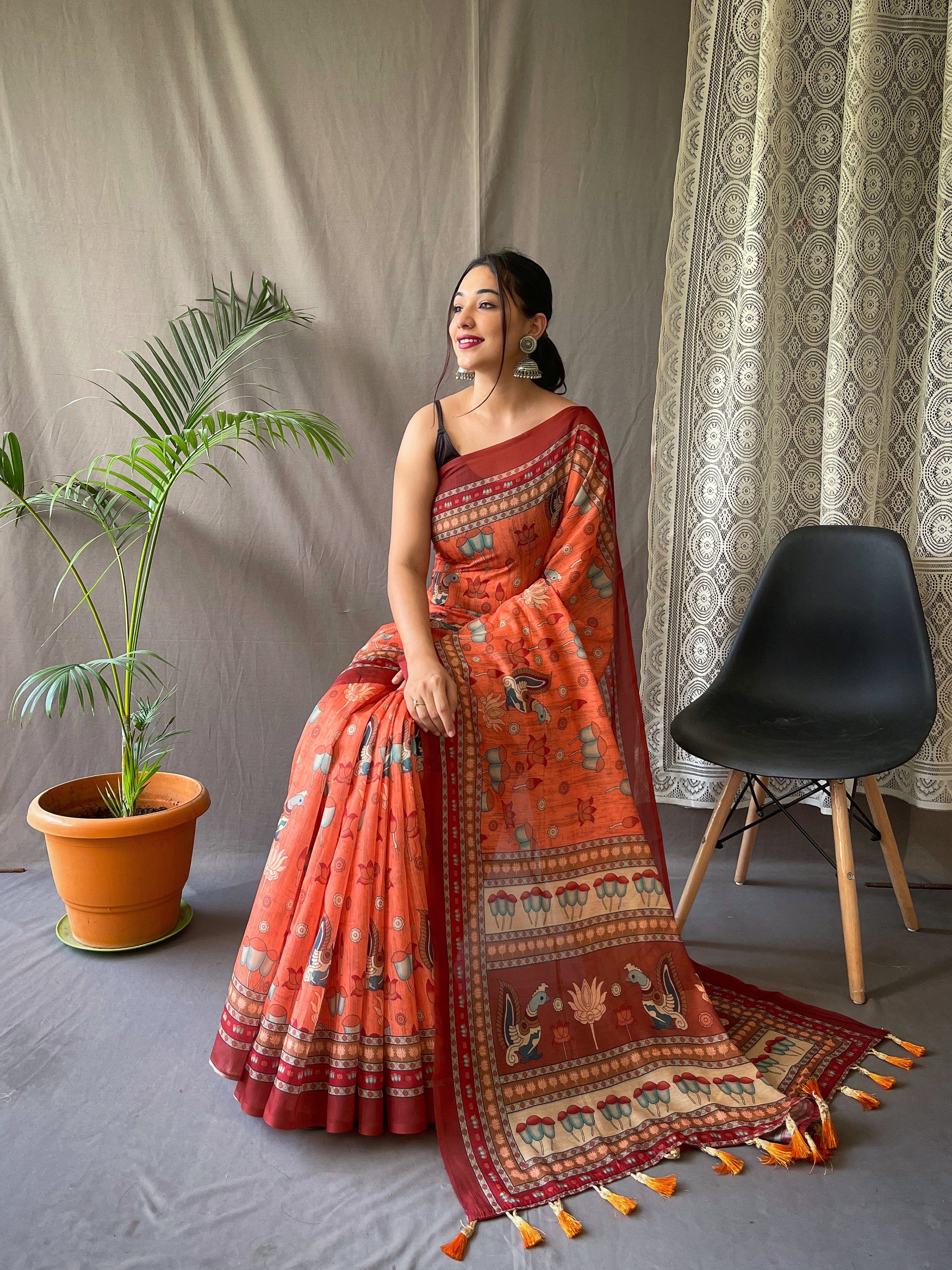 Kadambri Pure Malai Cotton Saree with Kalamkari Prints and Contrast Pallu