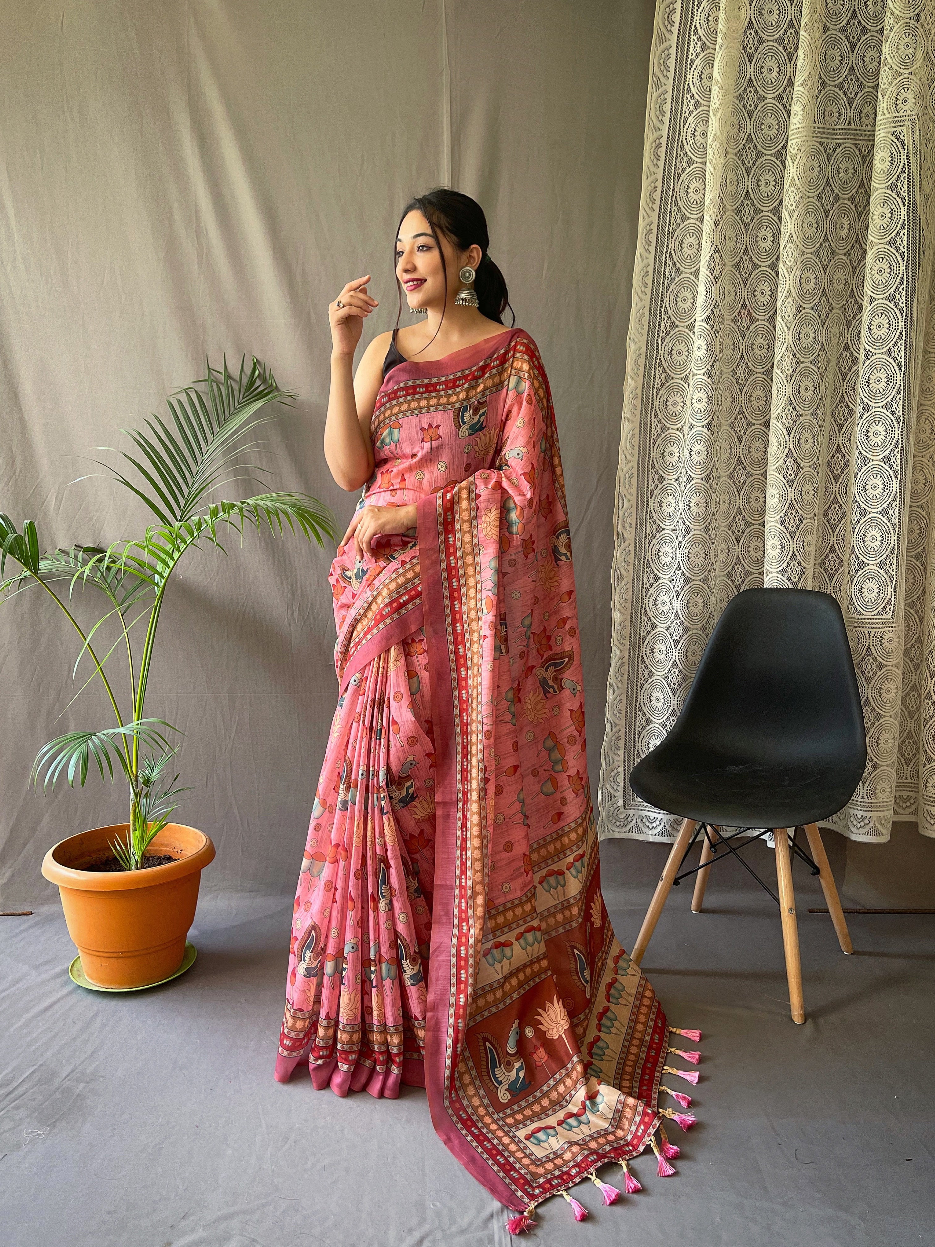 Kadambri Pure Malai Cotton Saree with Kalamkari Prints and Contrast Pallu