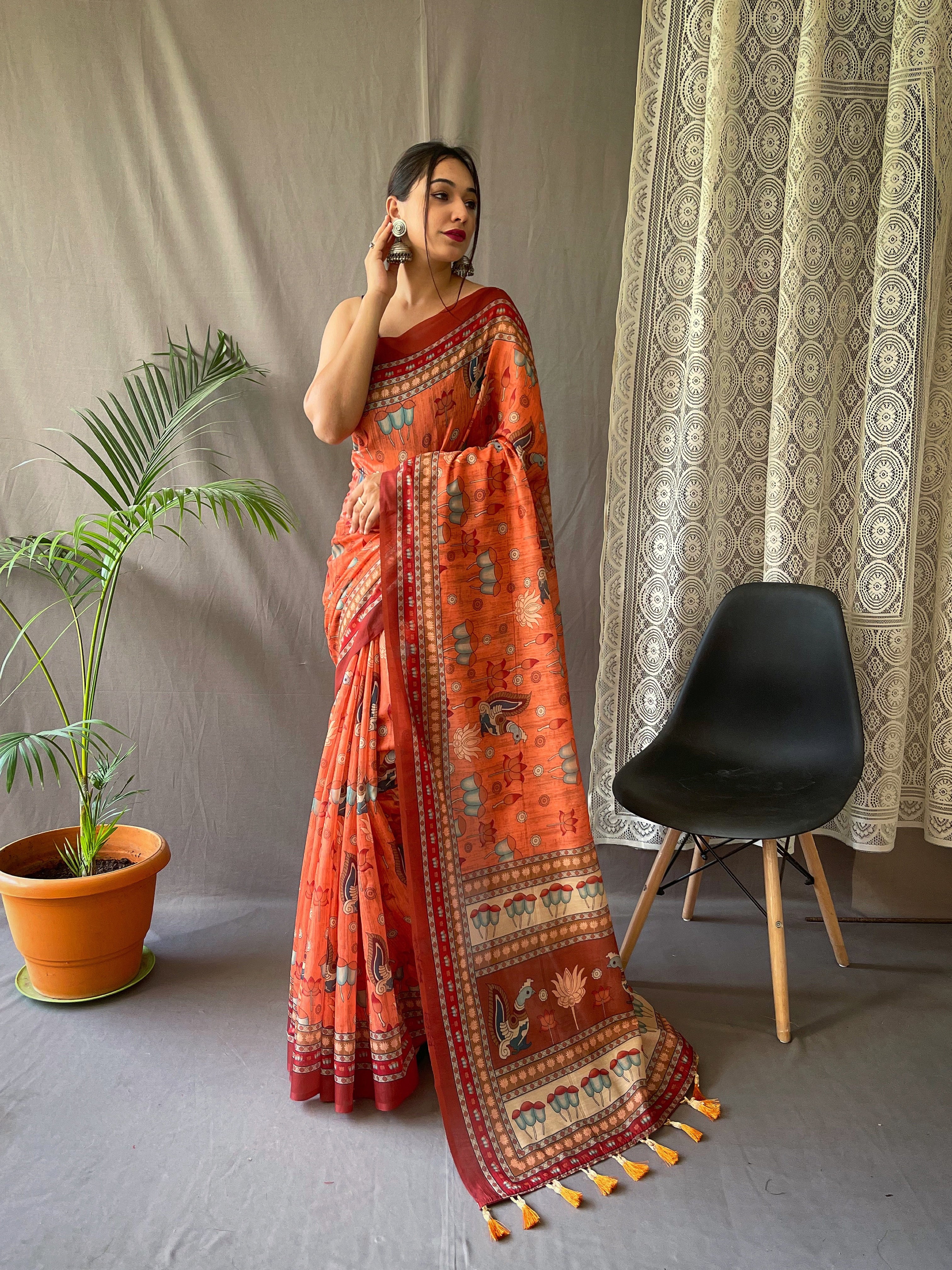 Kadambri Pure Malai Cotton Saree with Kalamkari Prints and Contrast Pallu