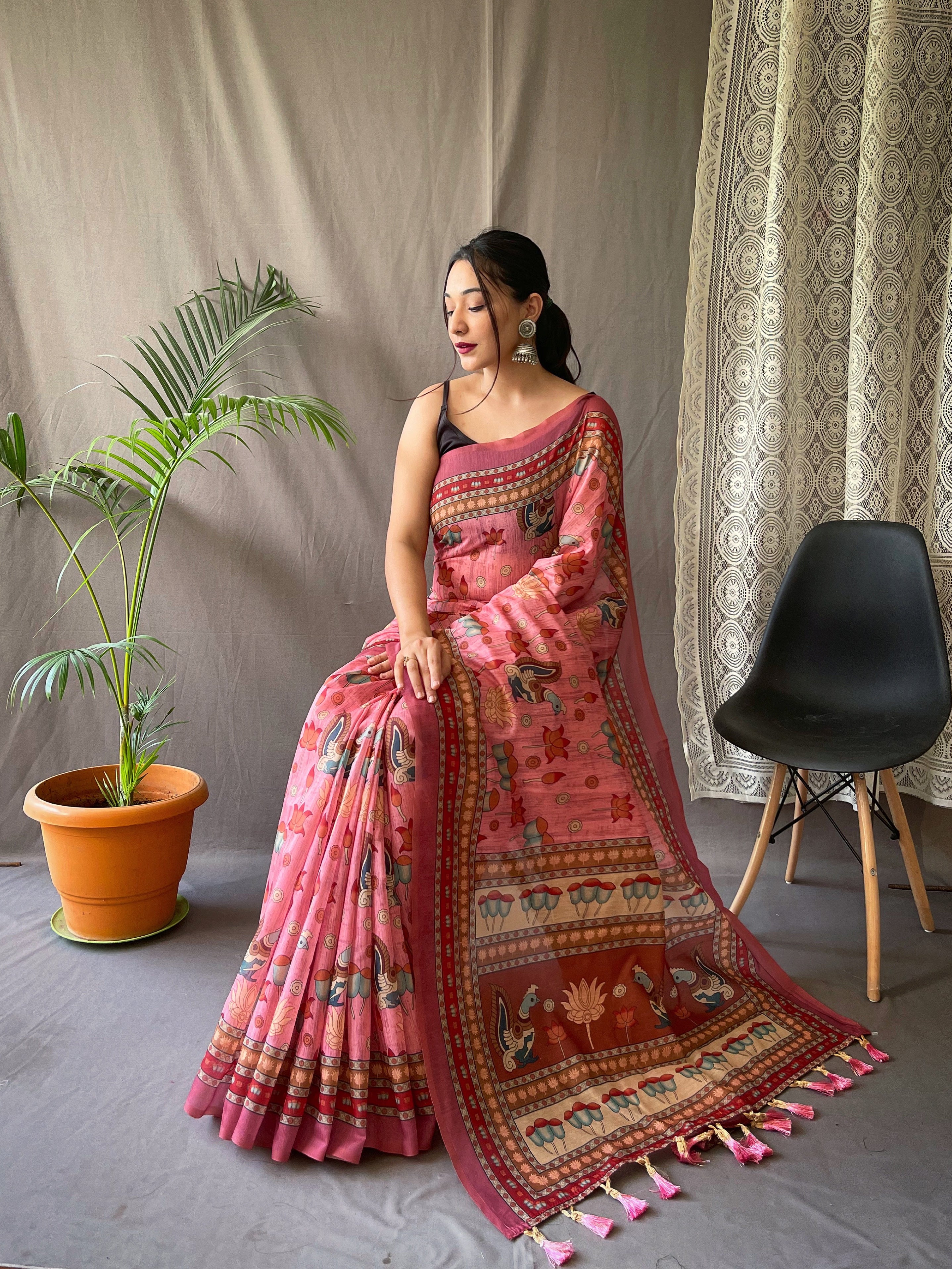 Kadambri Pure Malai Cotton Saree with Kalamkari Prints and Contrast Pallu