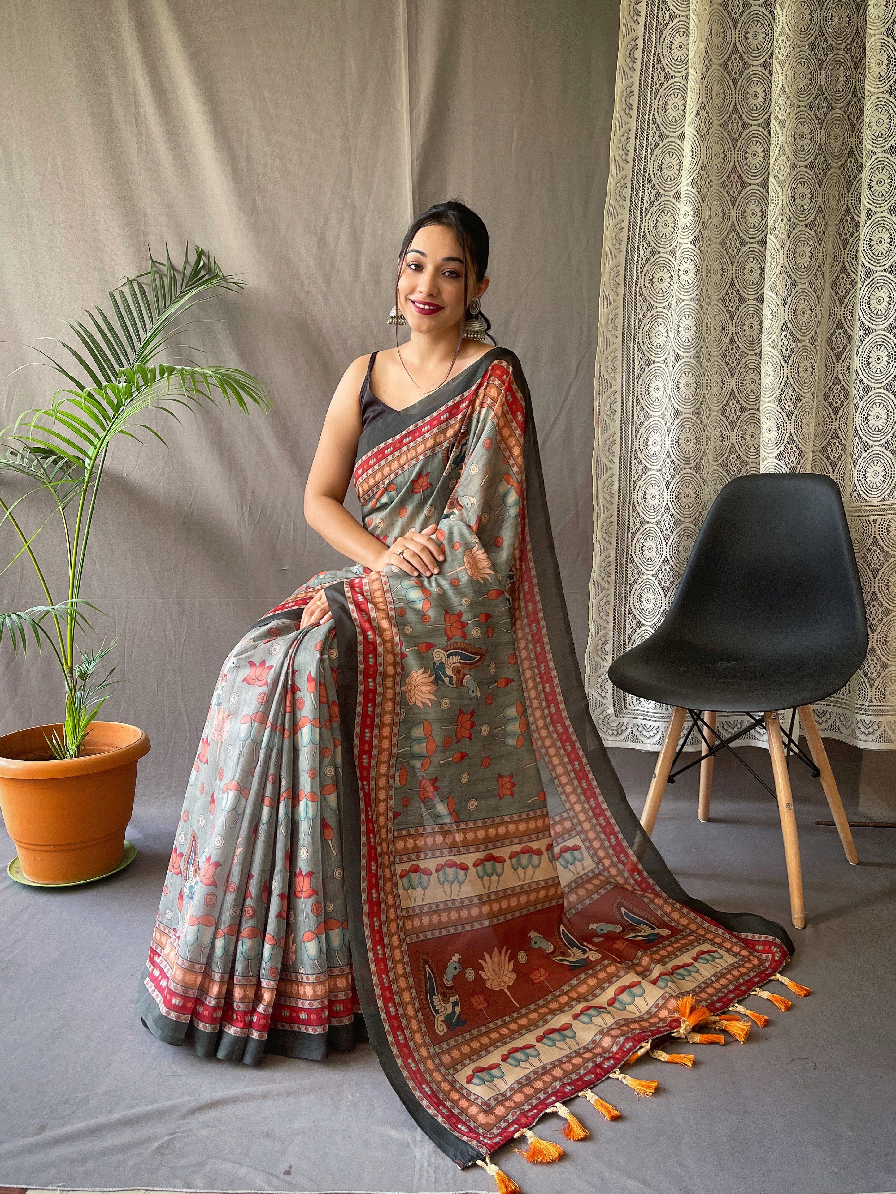 Kadambri Pure Malai Cotton Saree with Kalamkari Prints and Contrast Pallu