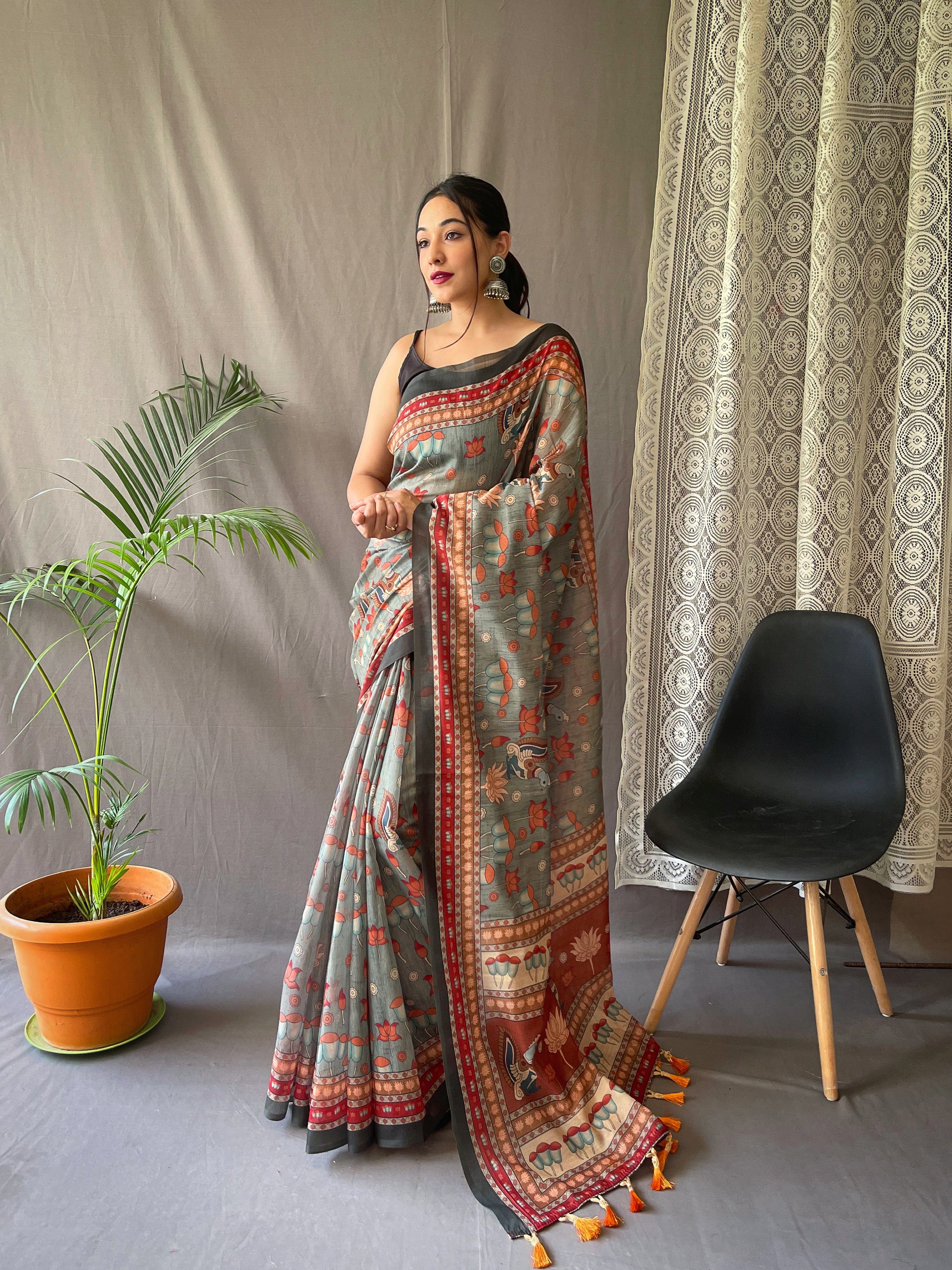 Kadambri Pure Malai Cotton Saree with Kalamkari Prints and Contrast Pallu