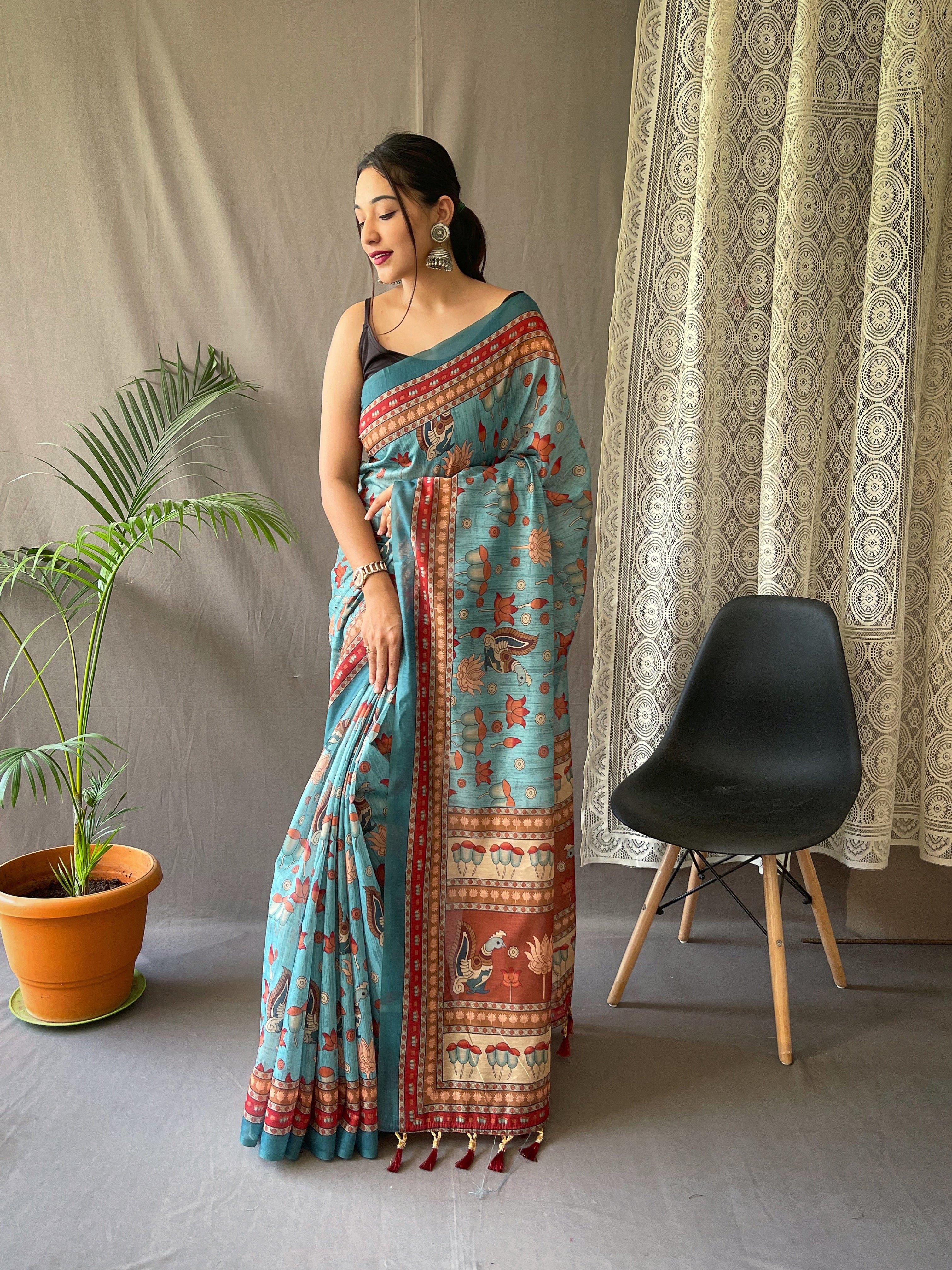 Kadambri Pure Malai Cotton Saree with Kalamkari Prints and Contrast Pallu