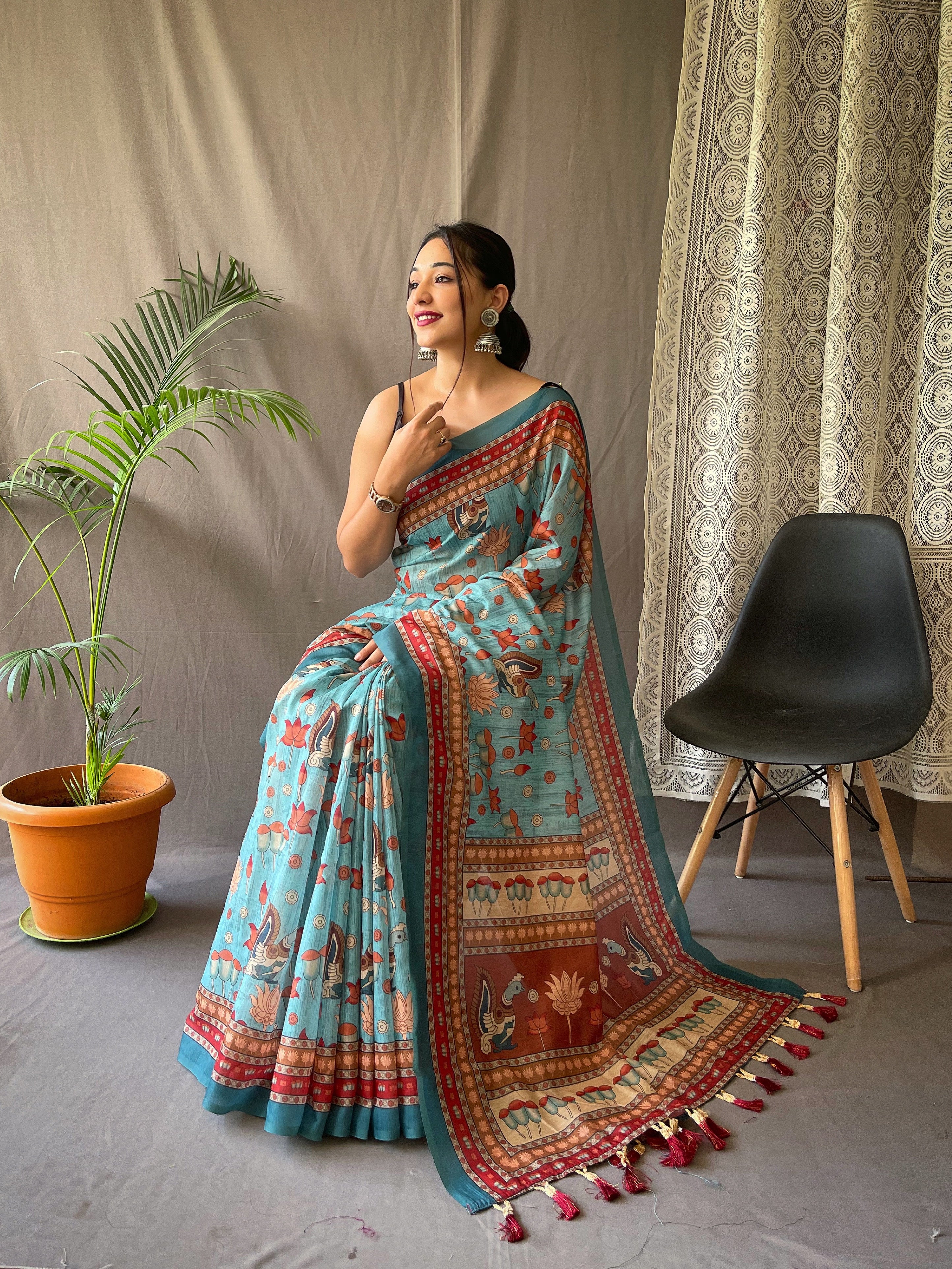 Kadambri Pure Malai Cotton Saree with Kalamkari Prints and Contrast Pallu