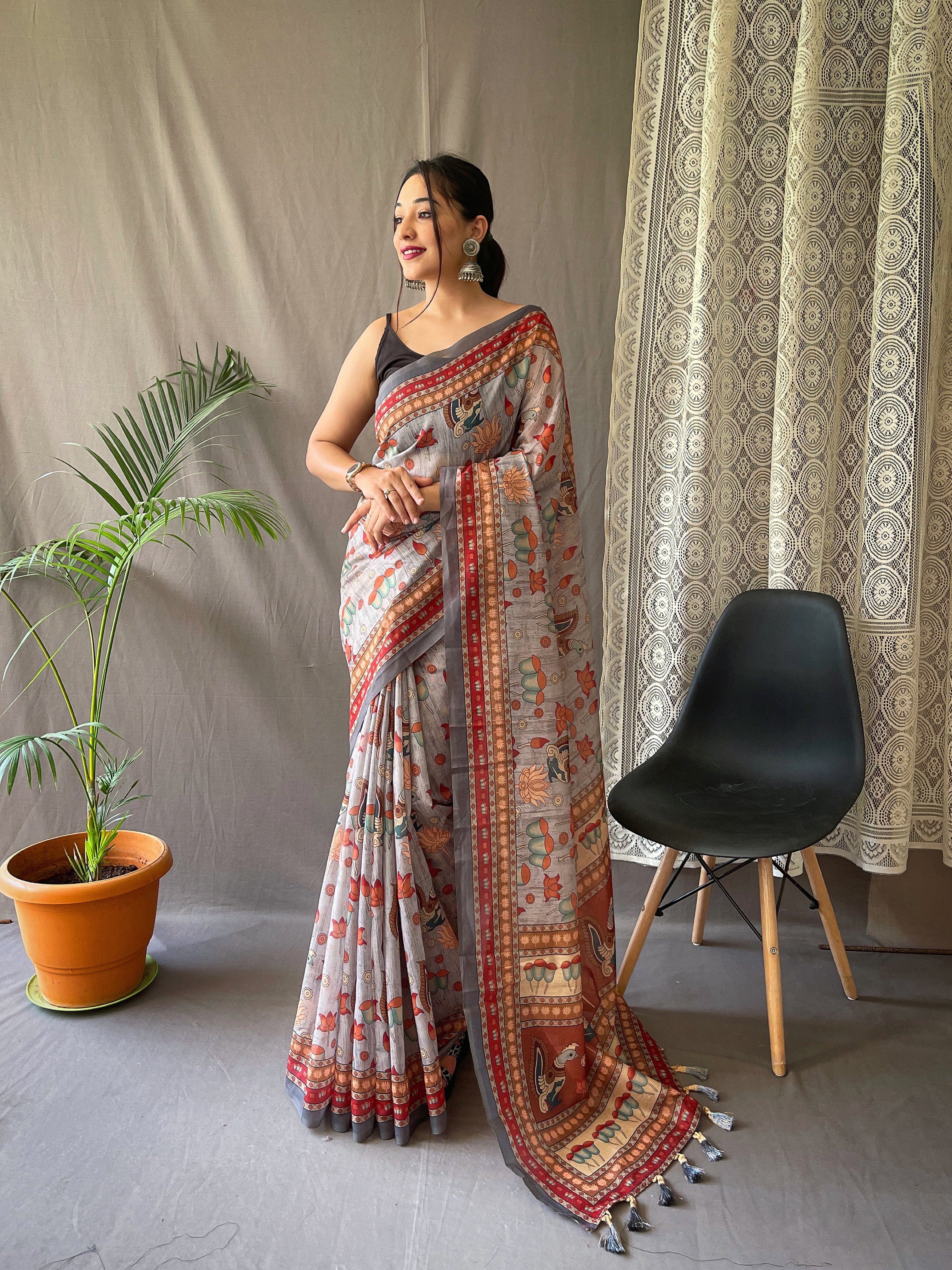 Kadambri Pure Malai Cotton Saree with Kalamkari Prints and Contrast Pallu