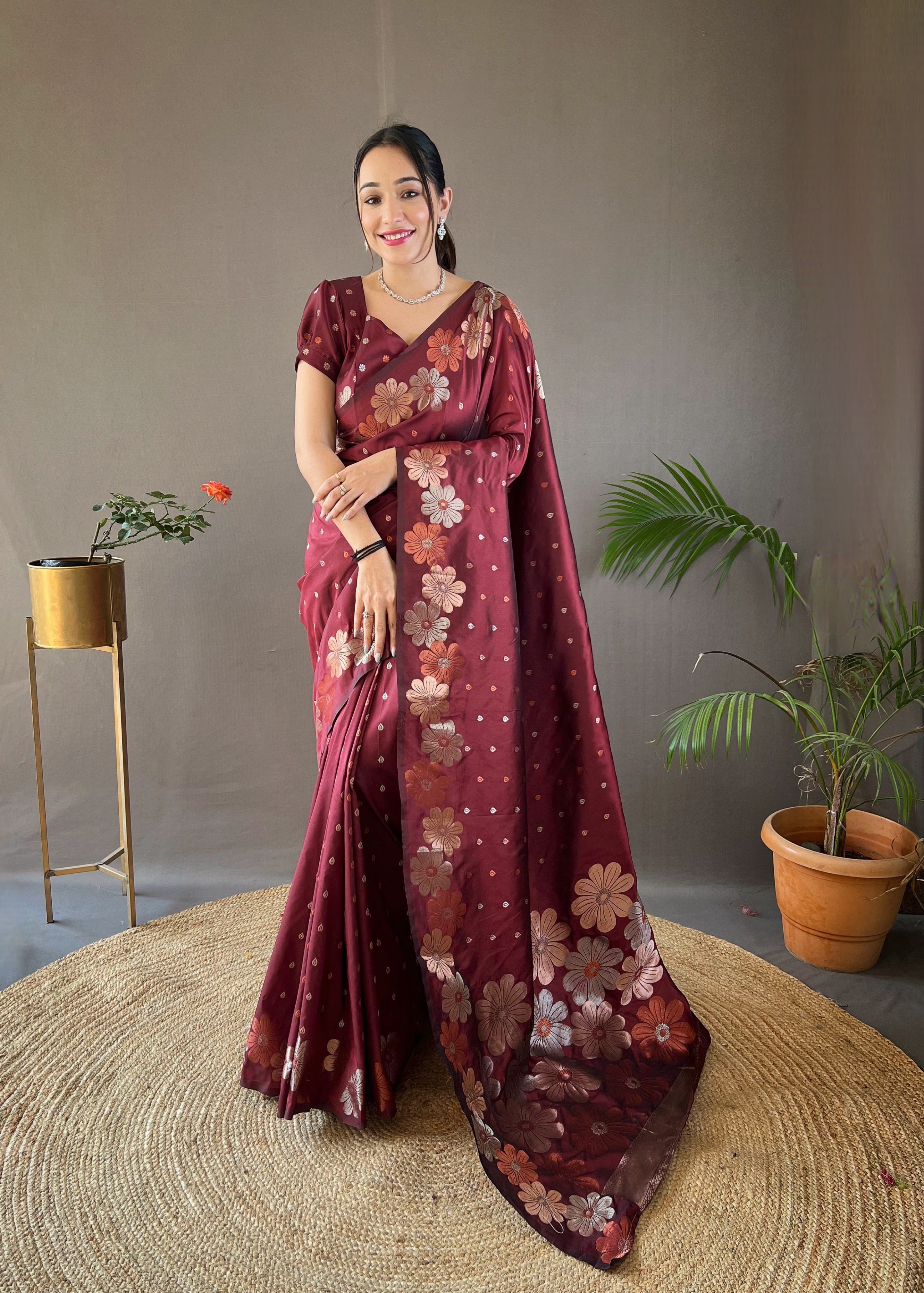 Tosca Marron Woven Floral Designer Silk Saree