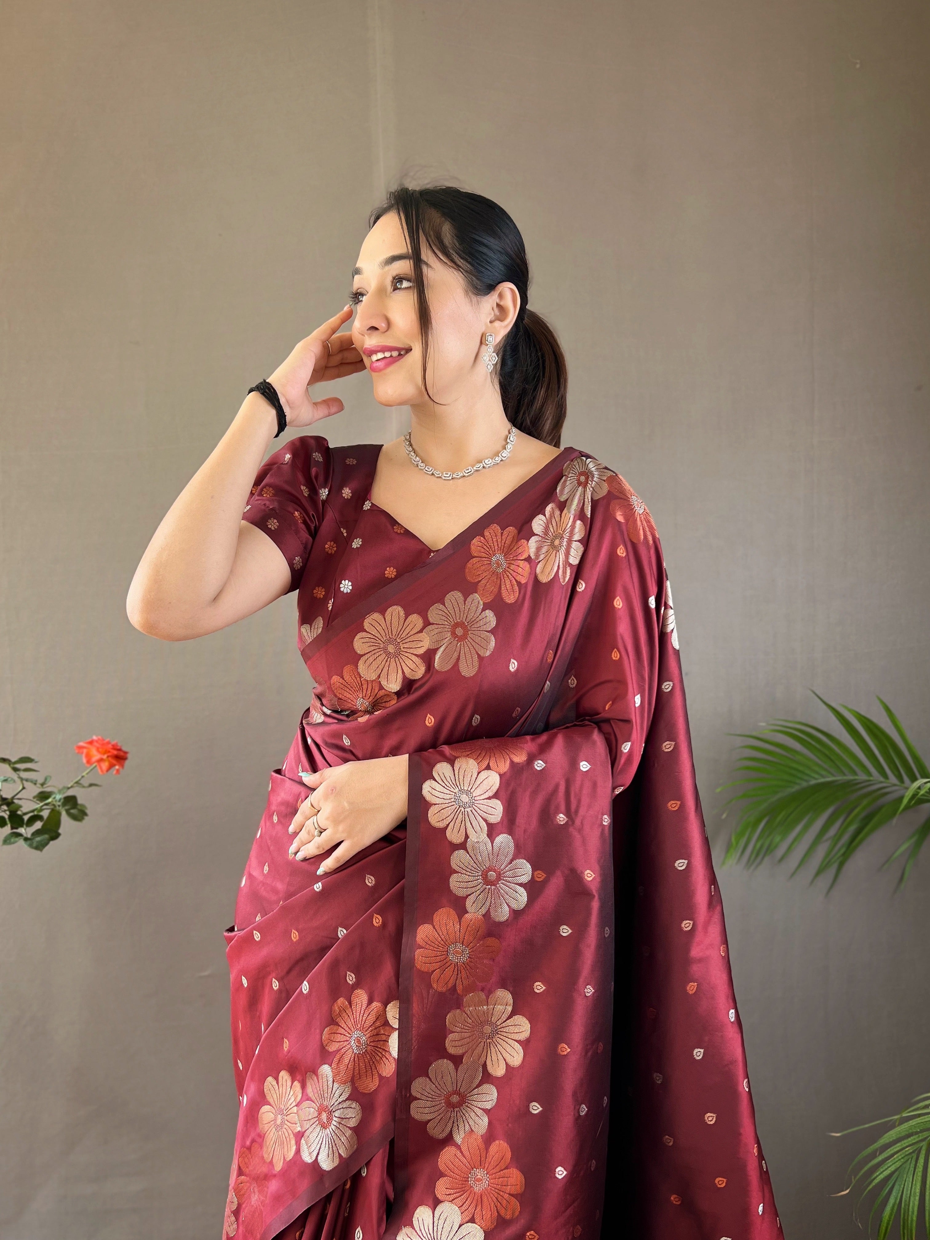 Tosca Marron Woven Floral Designer Silk Saree