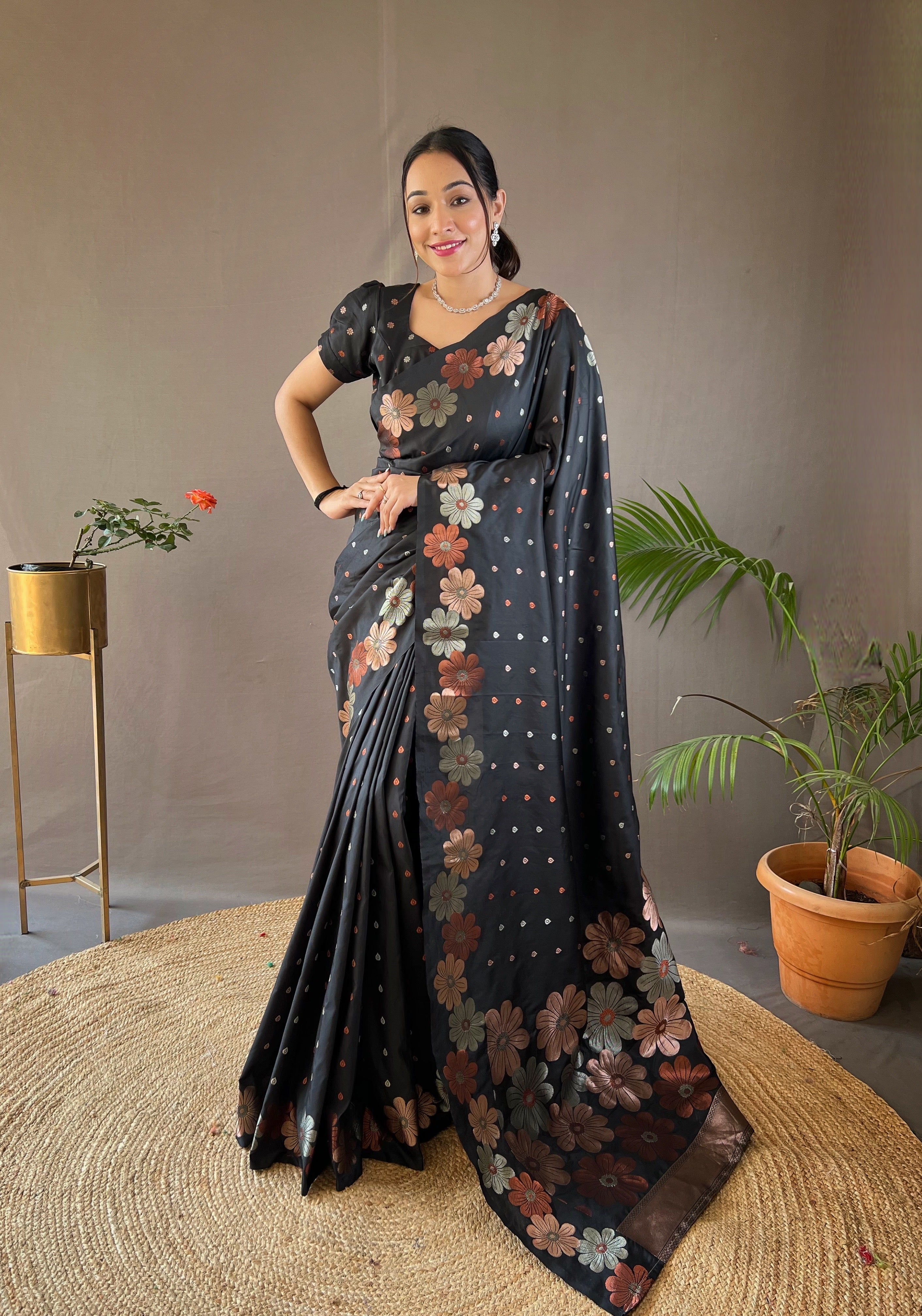 Bunker Black Woven Floral Designer Silk Saree