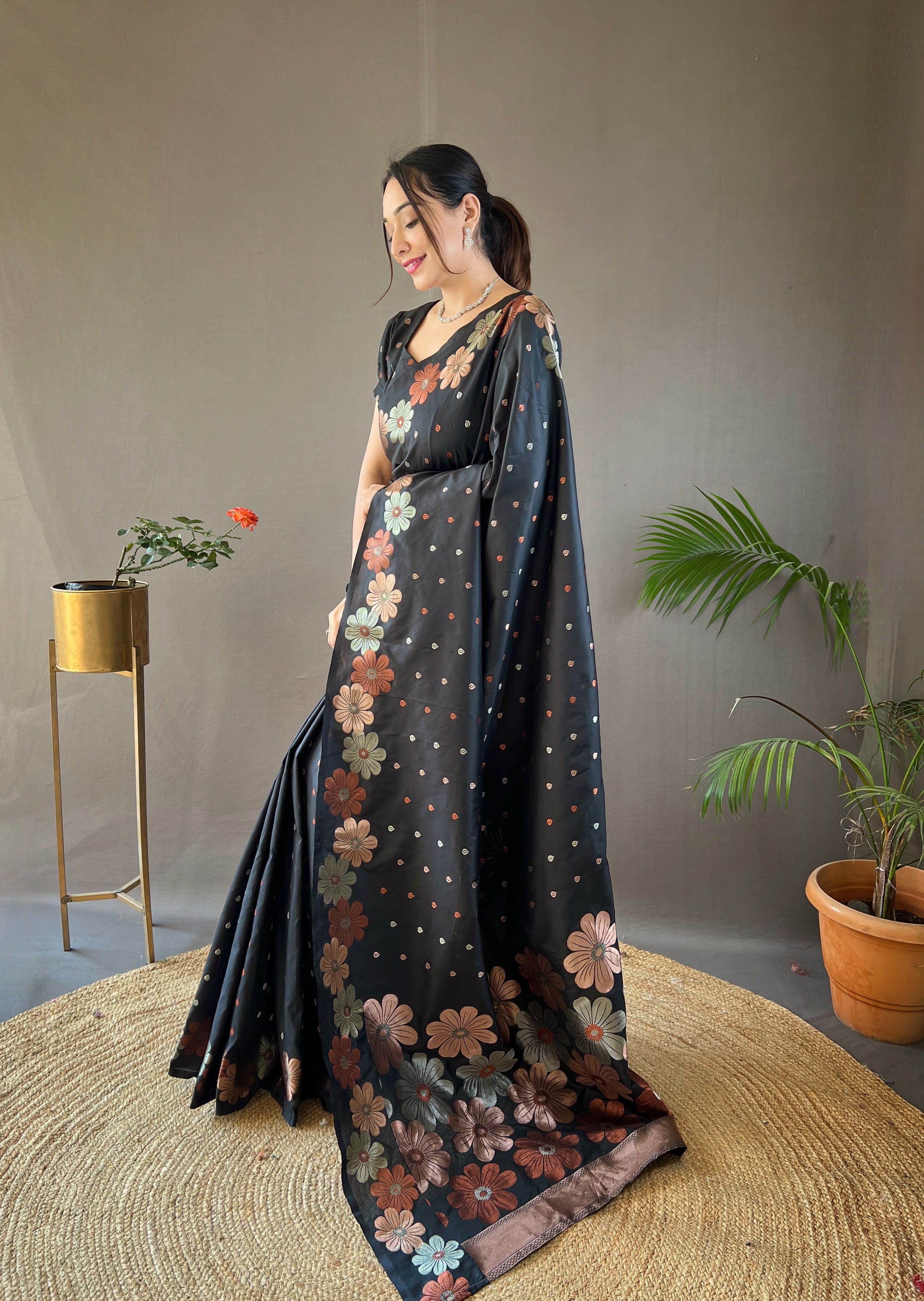 Bunker Black Woven Floral Designer Silk Saree