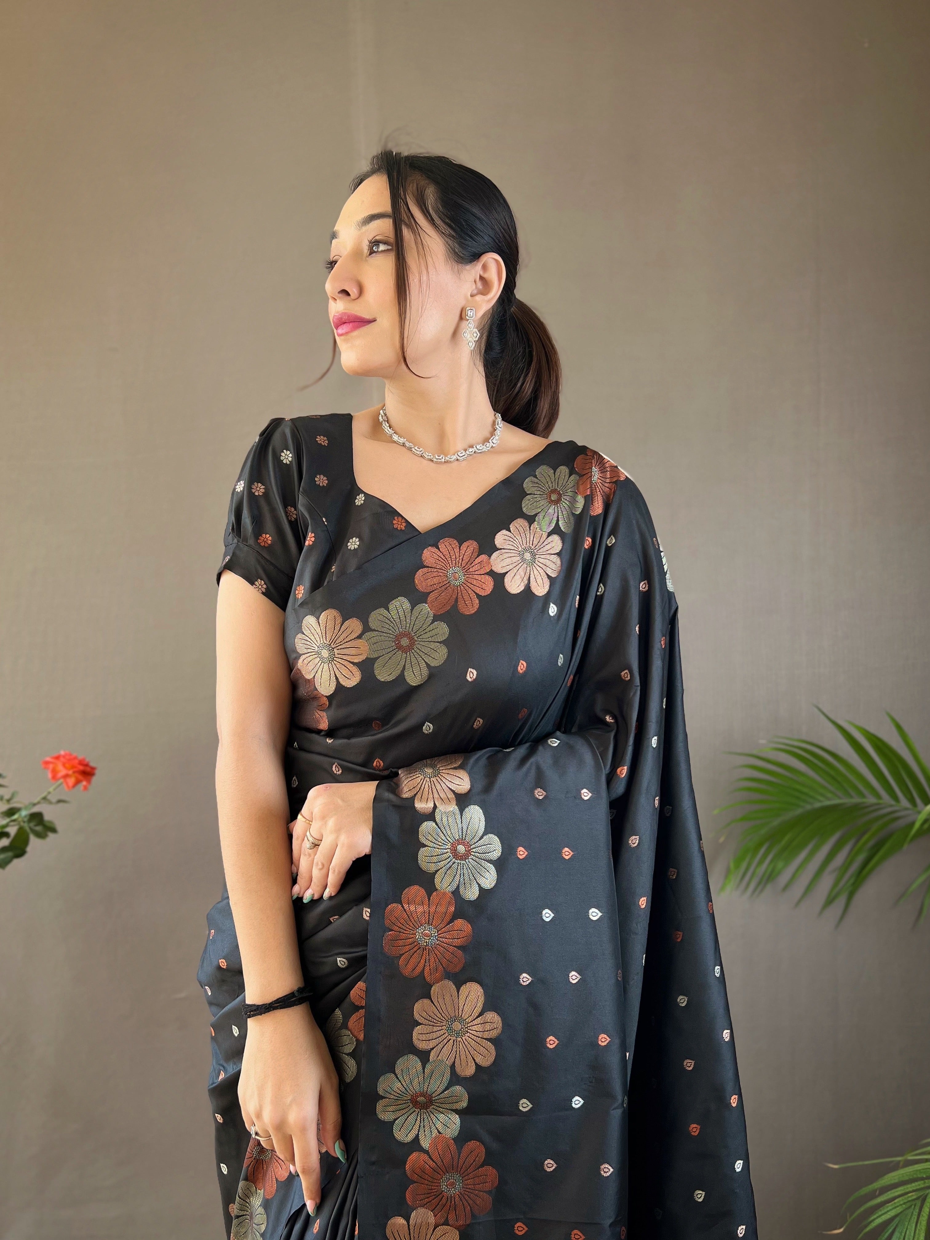 Bunker Black Woven Floral Designer Silk Saree