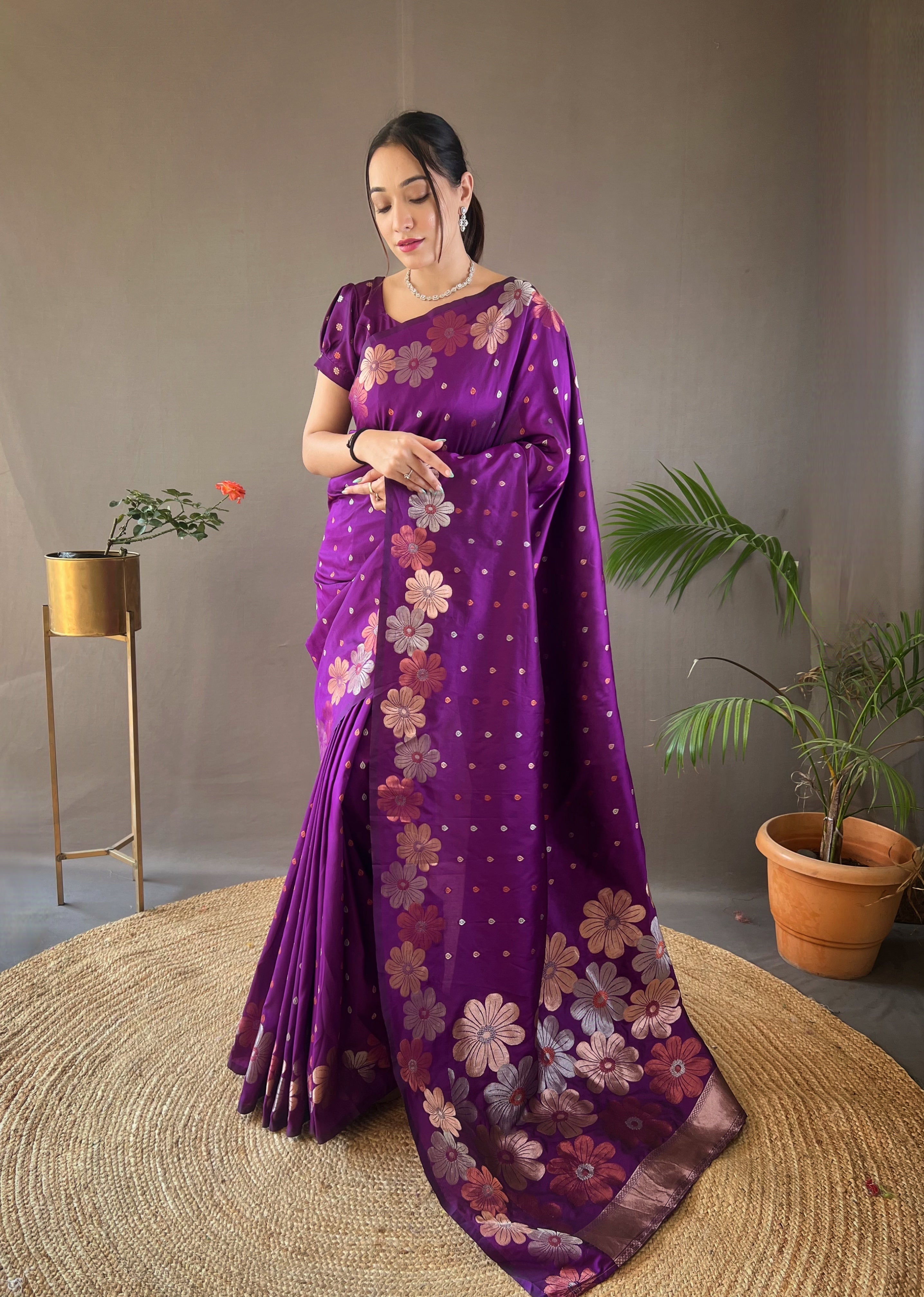 Plum Purple Floral Woven Designer Silk Saree