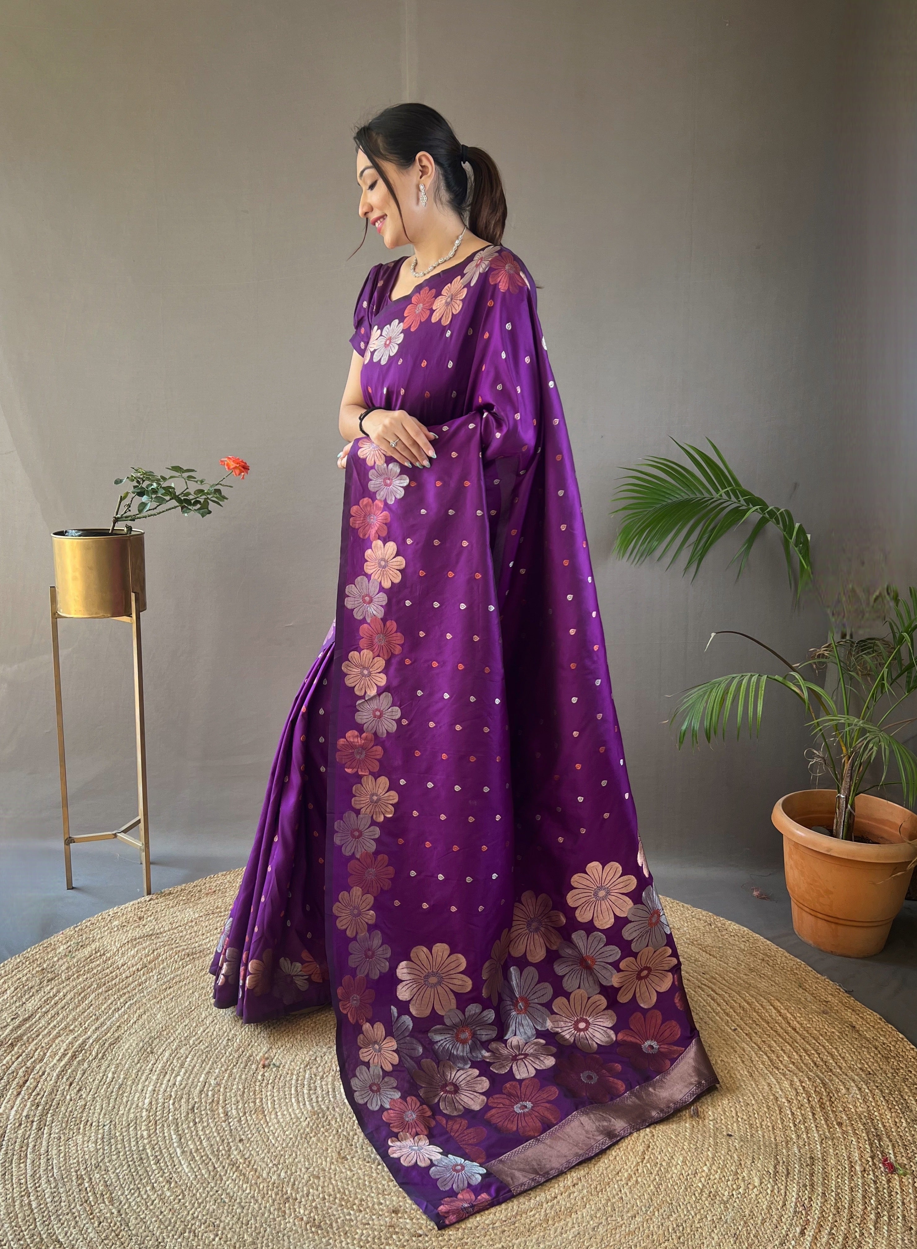 Plum Purple Floral Woven Designer Silk Saree