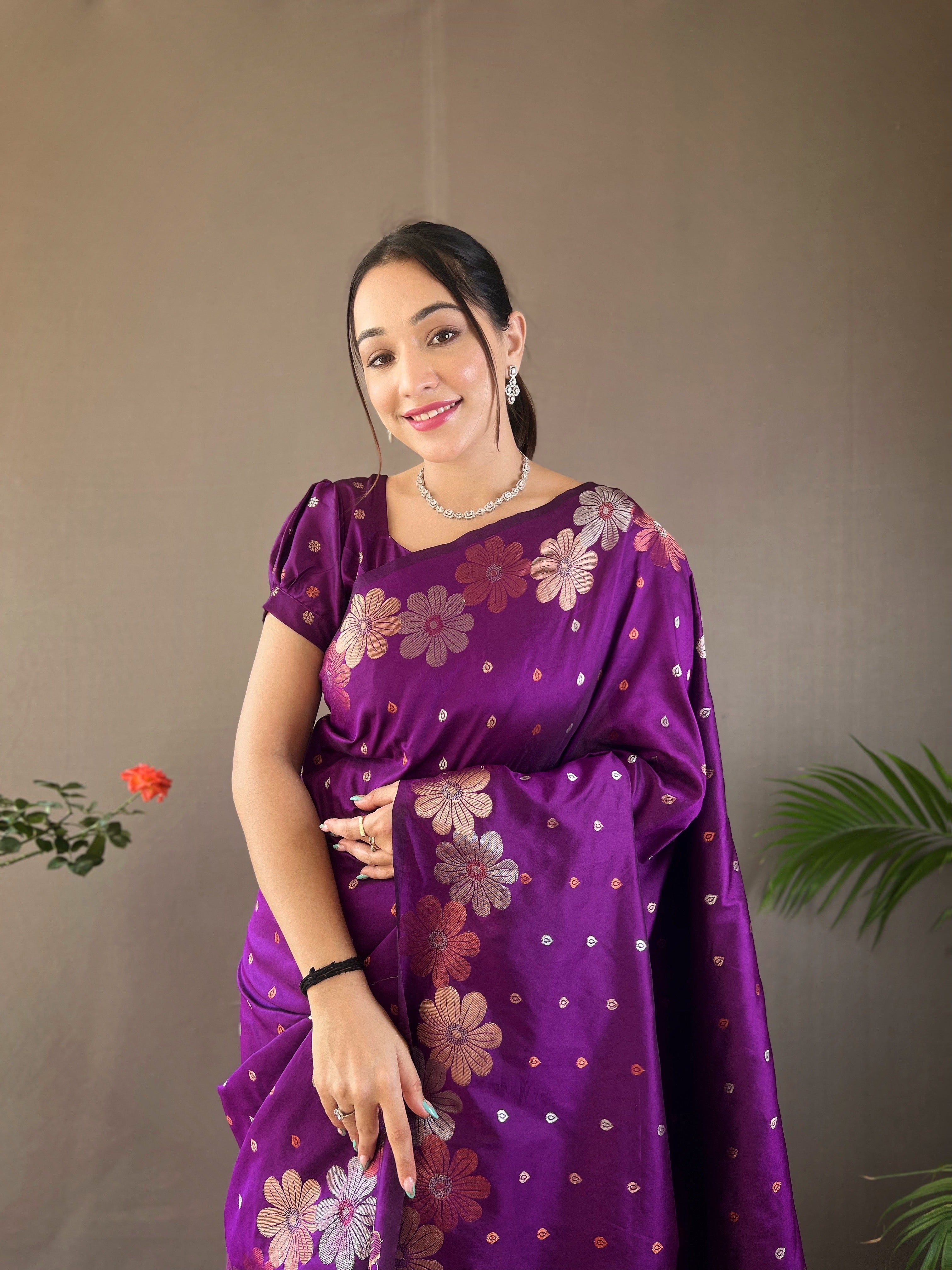 Plum Purple Floral Woven Designer Silk Saree