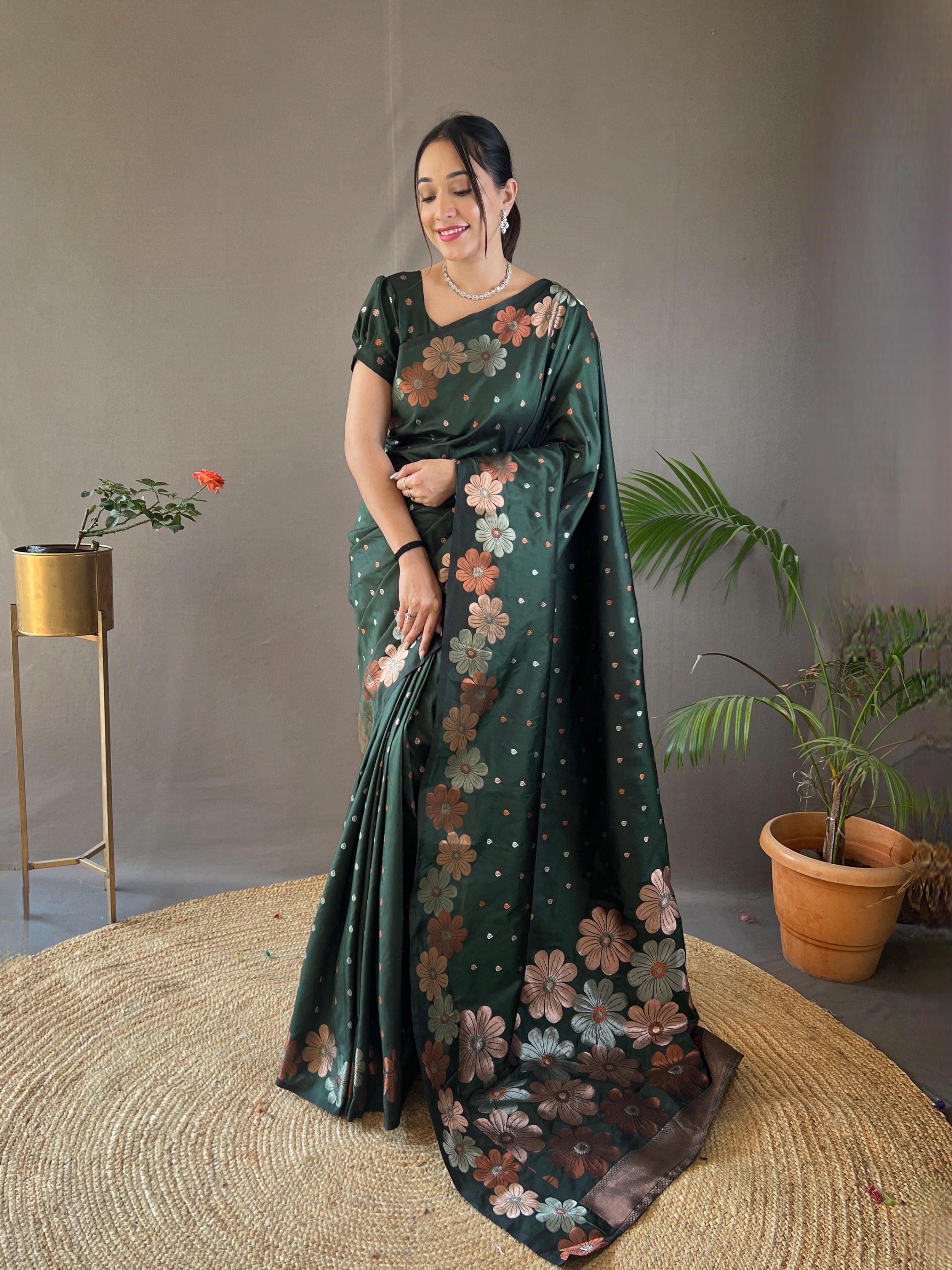 Cuty Sark Green Floral Woven Designer Silk Saree