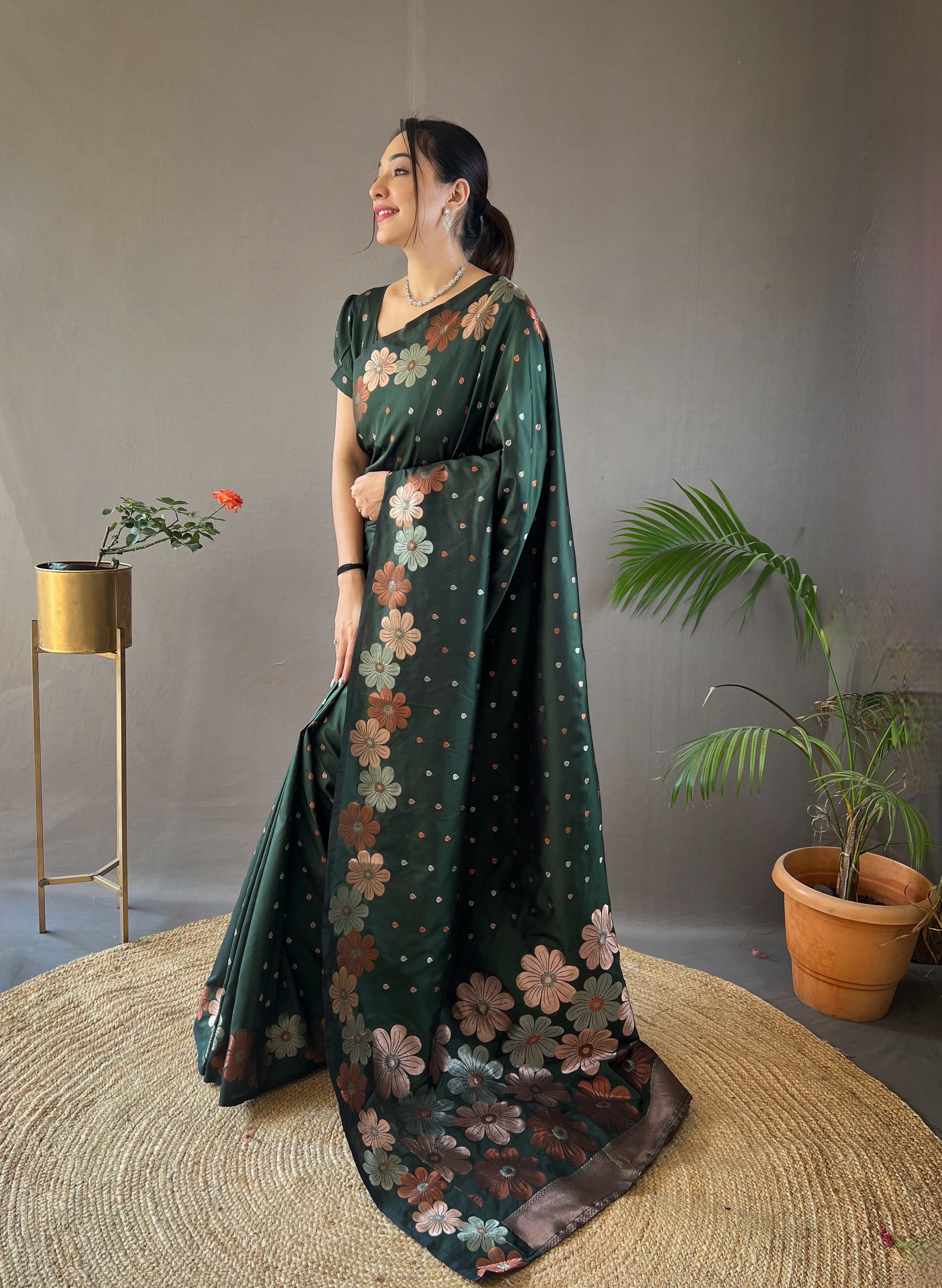 Cuty Sark Green Floral Woven Designer Silk Saree