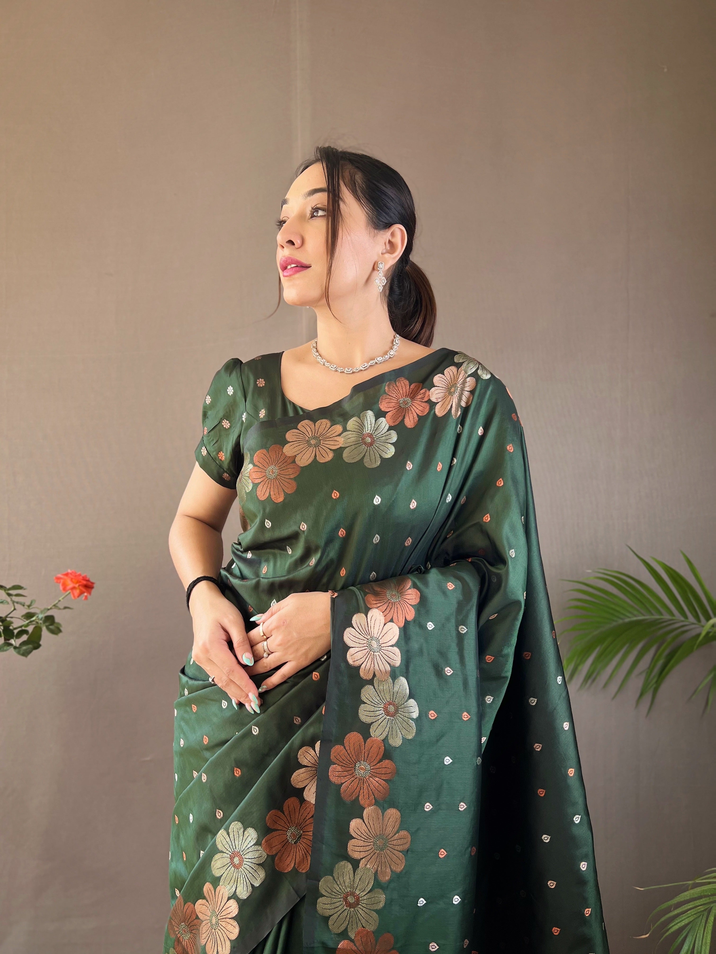 Cuty Sark Green Floral Woven Designer Silk Saree