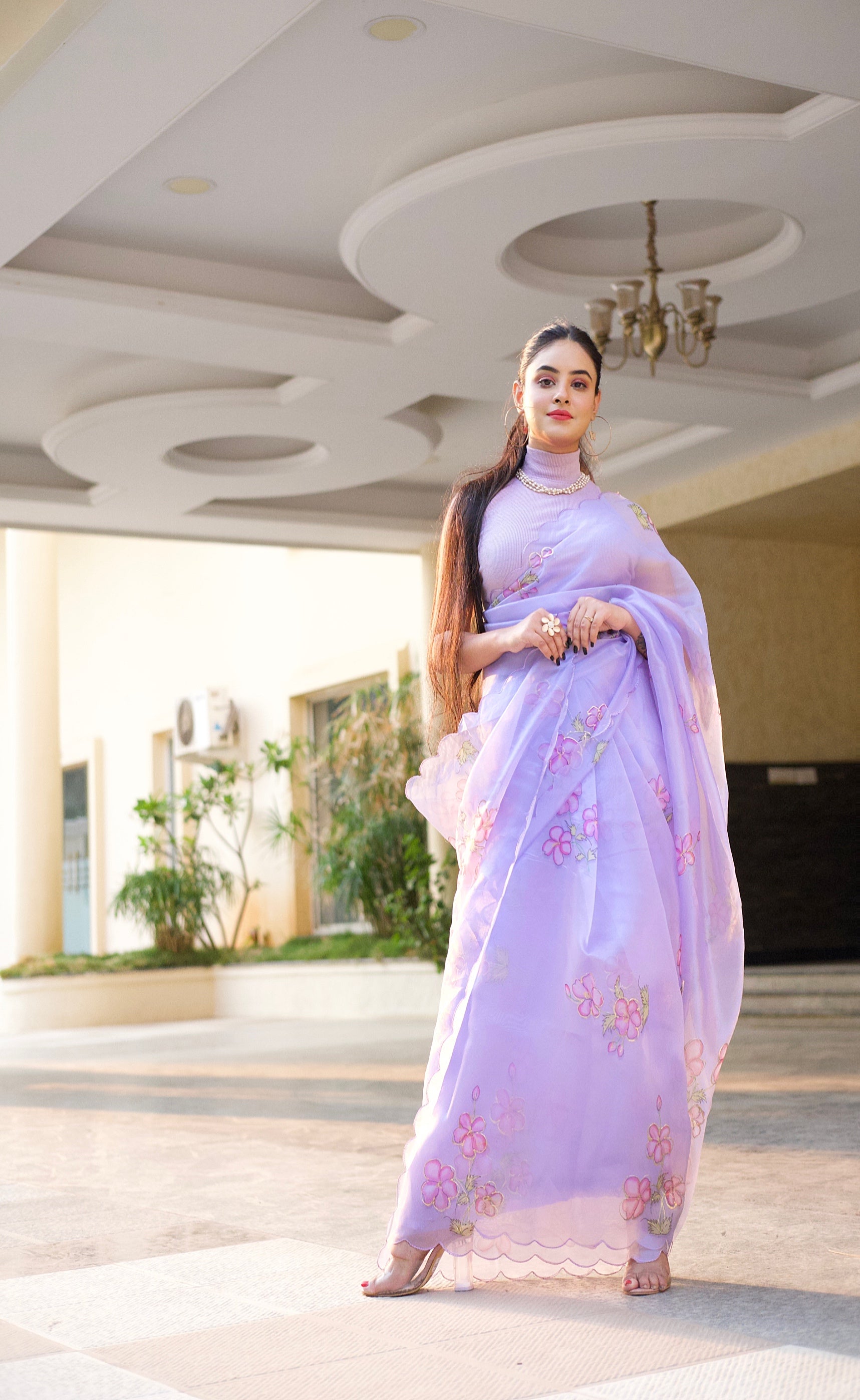 Mauve Purple Digital Floral Print Organza Saree