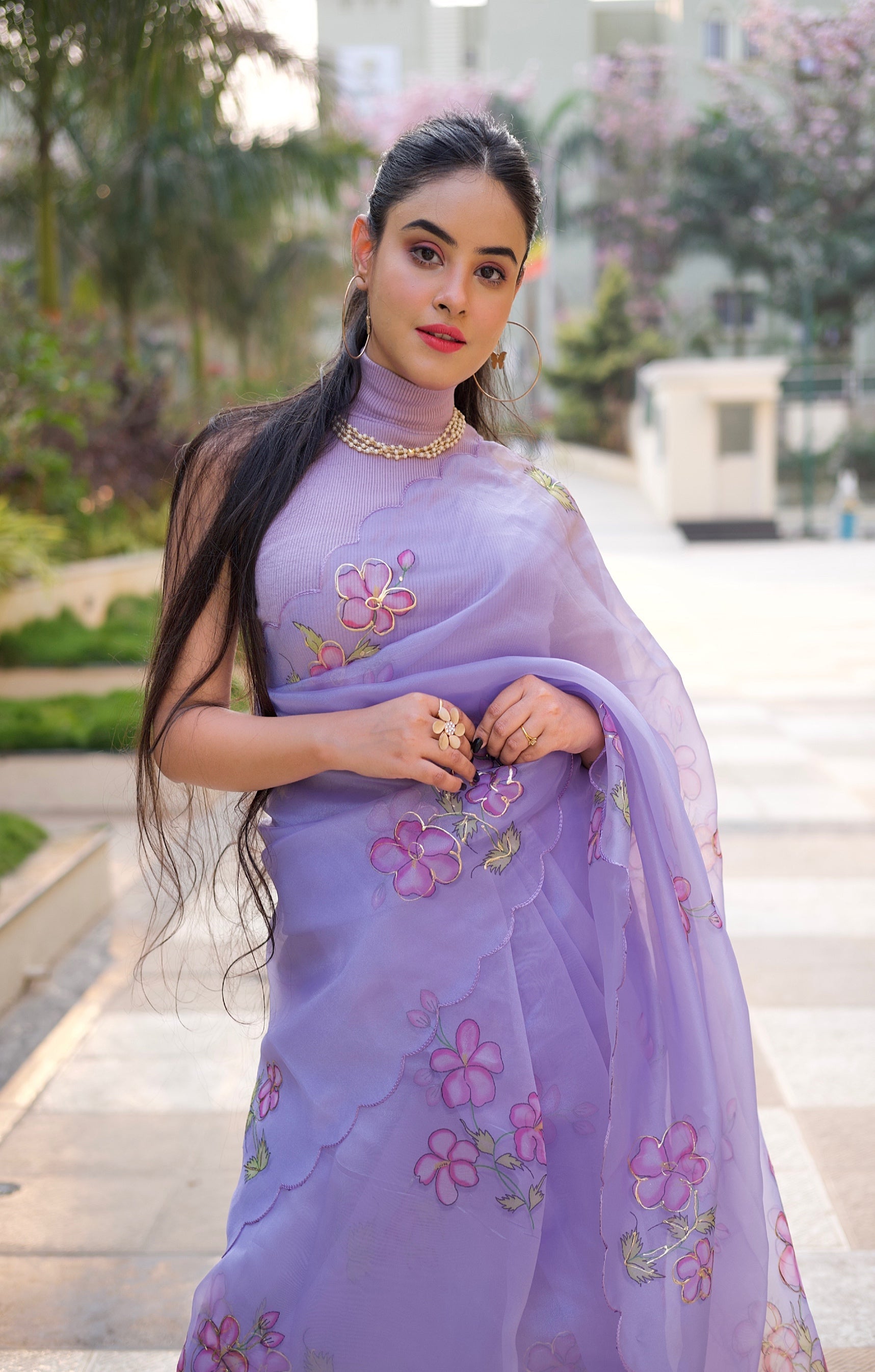 Mauve Purple Digital Floral Print Organza Saree