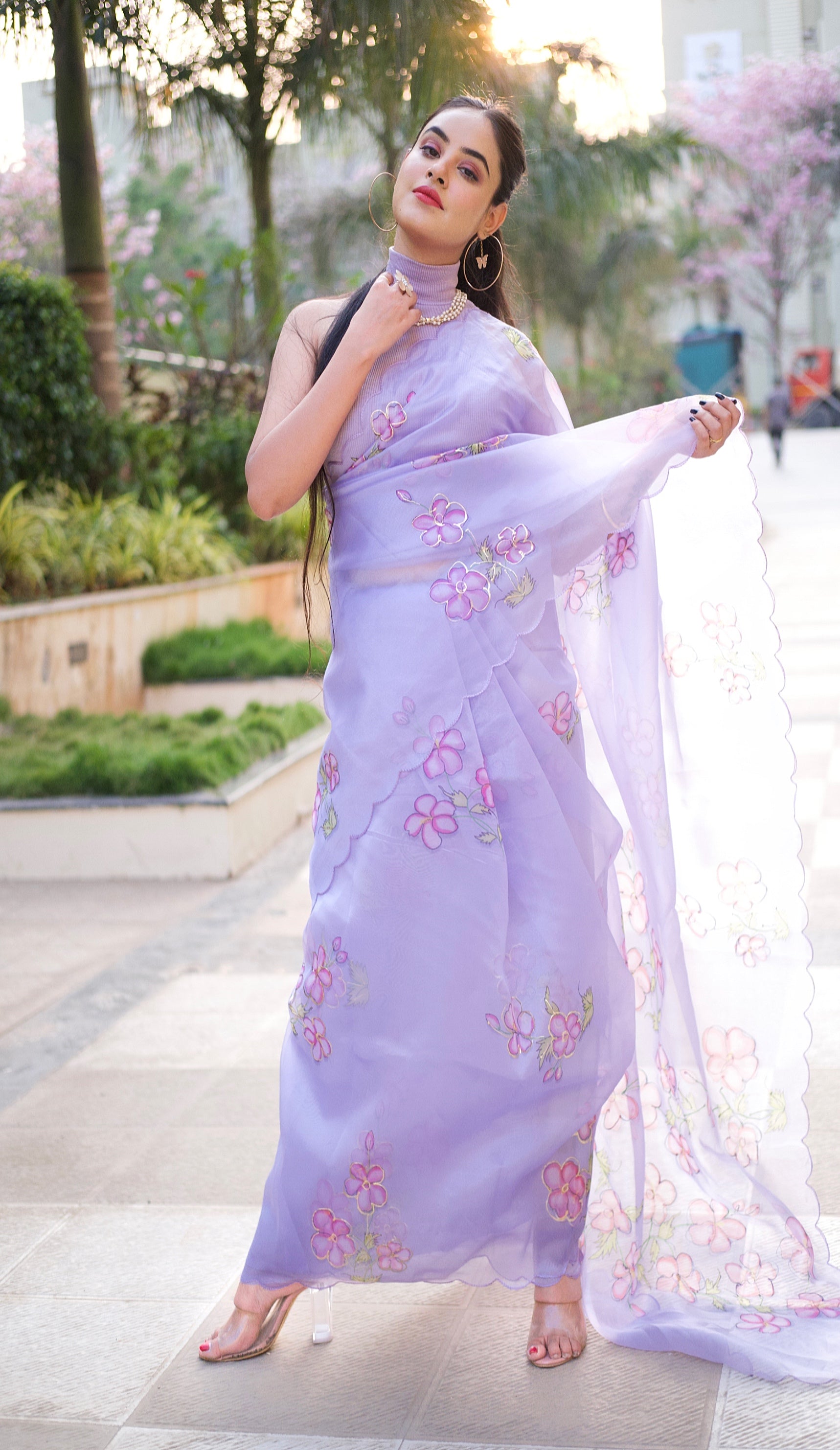 Mauve Purple Digital Floral Print Organza Saree