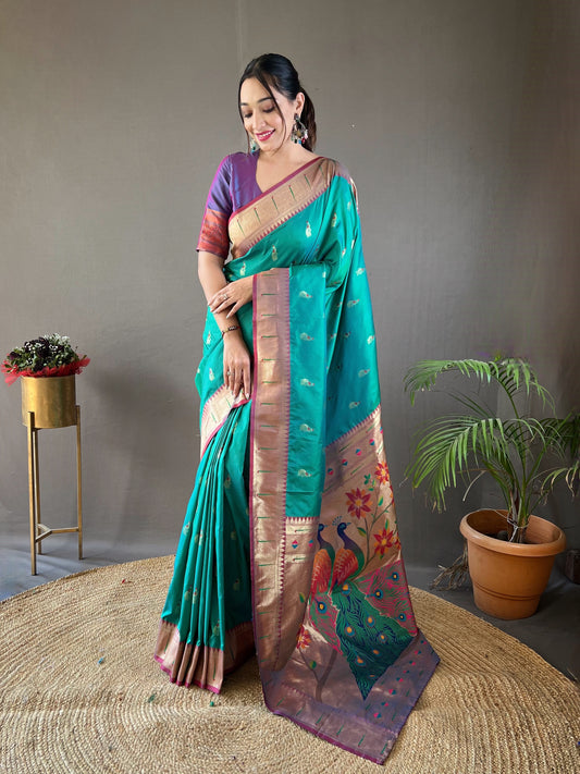 Rukmani Paithani Silk Saree with Rich Contrast Weaving Pallu, Border, and Beautiful Buttis