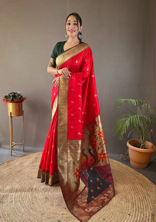 Rukmani Paithani Silk Saree with Rich Contrast Weaving Pallu, Border, and Beautiful Buttis