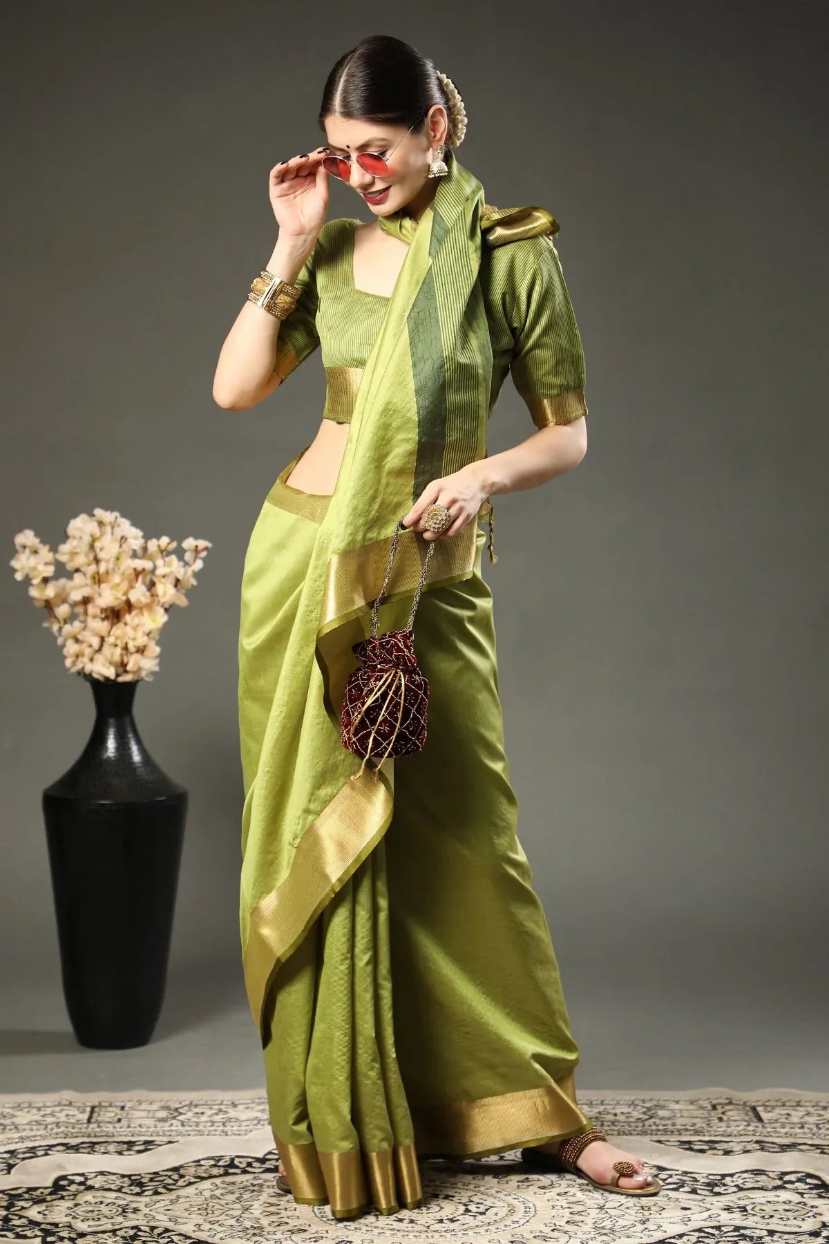 Asparagus Green Assam Silk Saree