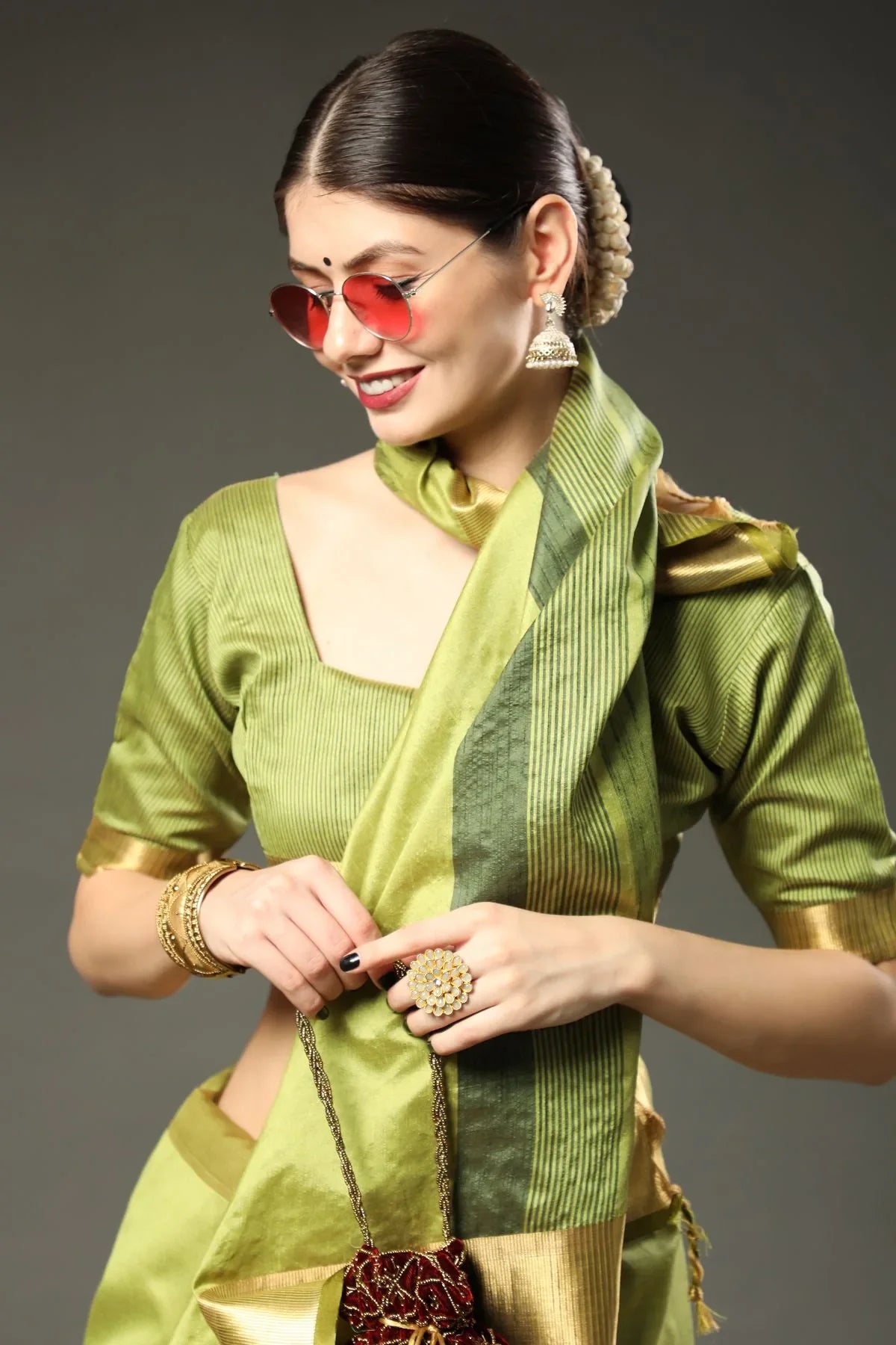 Asparagus Green Assam Silk Saree