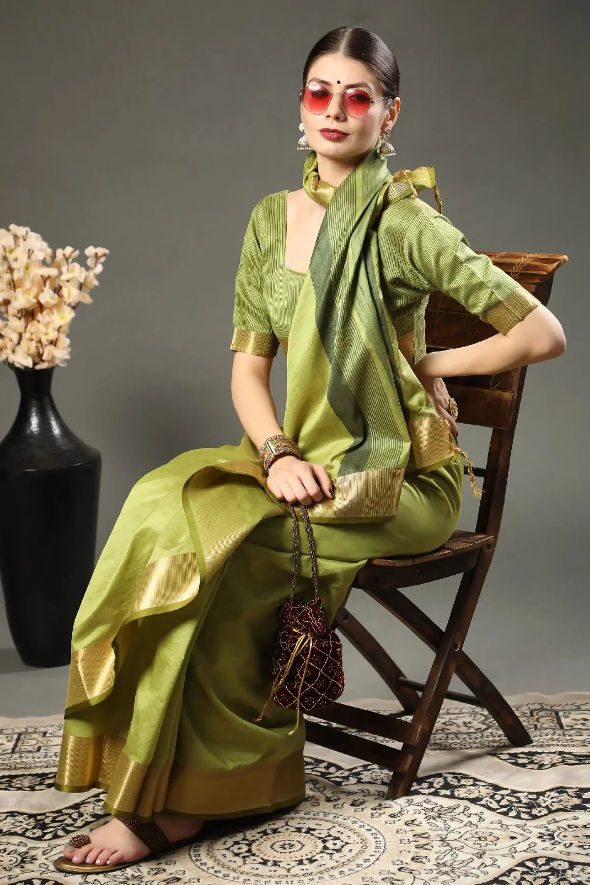 Asparagus Green Assam Silk Saree