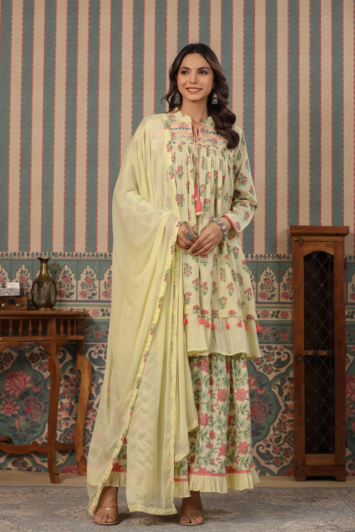 Mint Julep Cream embroidery Pure Cotton Sharara Suit