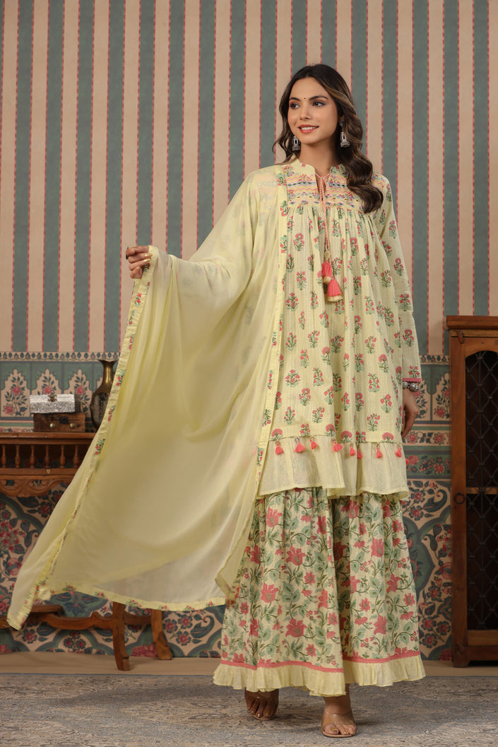 Mint Julep Cream embroidery Pure Cotton Sharara Suit