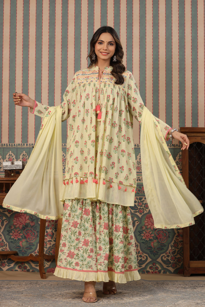 Mint Julep Cream embroidery Pure Cotton Sharara Suit