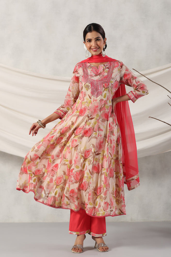 Tonys Pink Floral Alia Pure Mul Cotton Suit