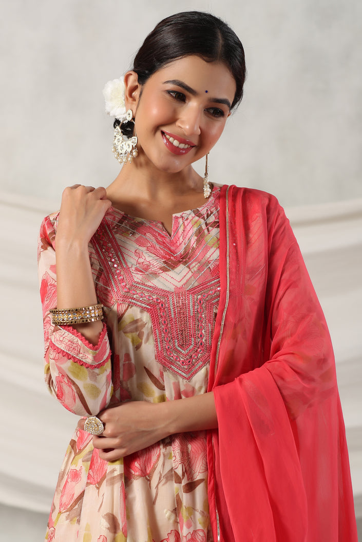 Tonys Pink Floral Alia Pure Mul Cotton Suit