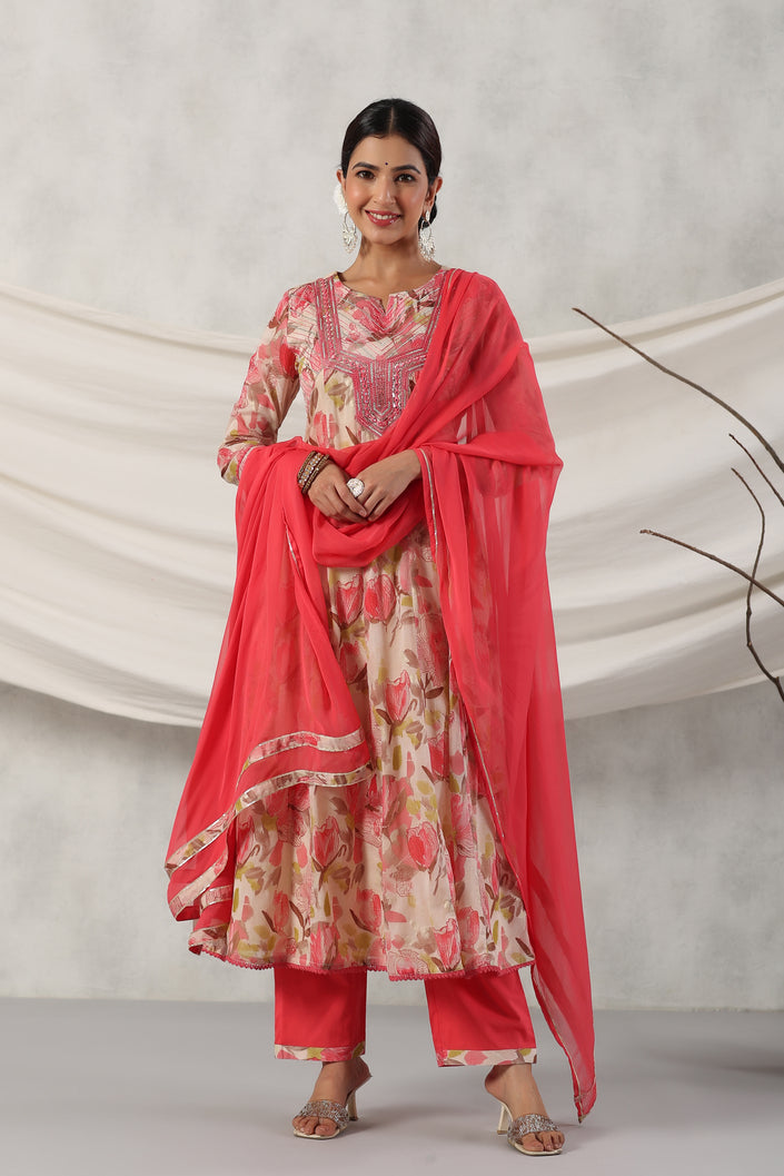 Tonys Pink Floral Alia Pure Mul Cotton Suit