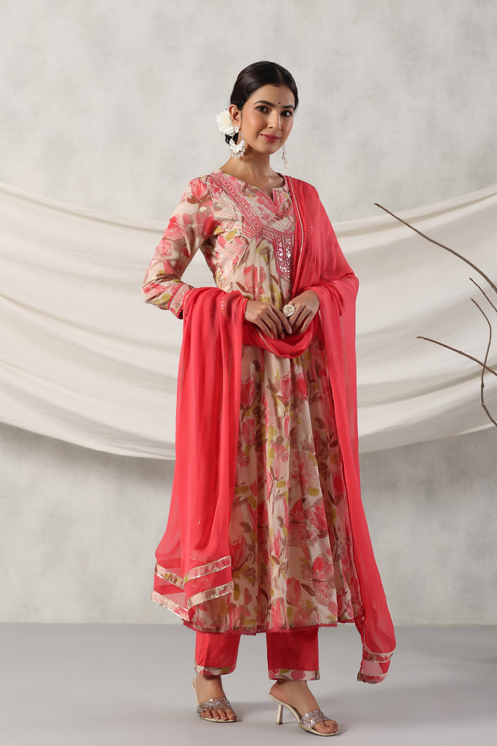 Tonys Pink Floral Alia Pure Mul Cotton Suit