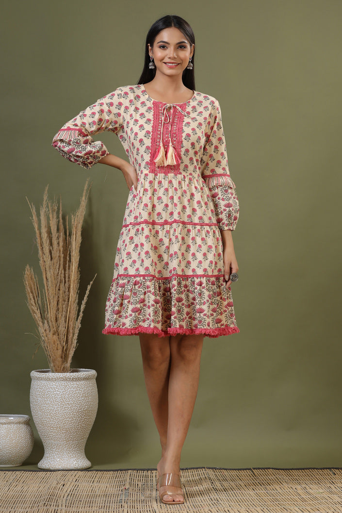 Chestnut Rose Pink Bagru Print Cotton Dress