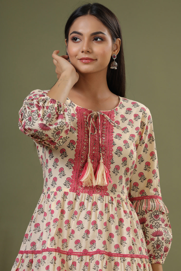 Chestnut Rose Pink Bagru Print Cotton Dress