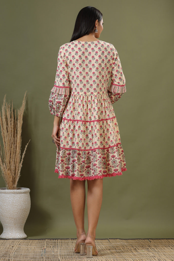 Chestnut Rose Pink Bagru Print Cotton Dress