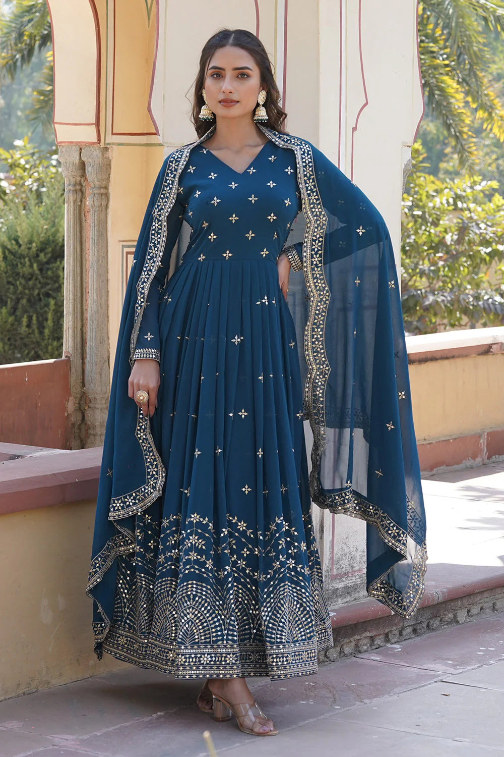 Blue Color Georgette with Zari & Sequins Embroidery Gown With Dupatta