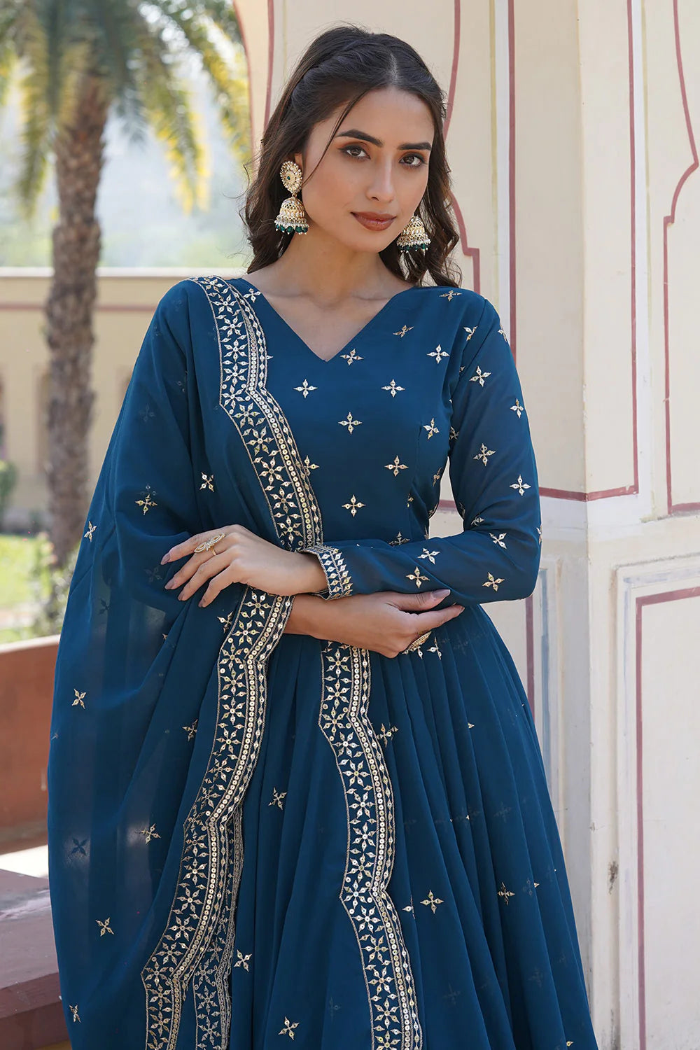 Blue Color Georgette with Zari & Sequins Embroidery Gown With Dupatta