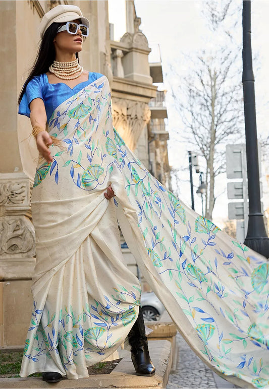 Pearl White and Blue Printed Satin Crepe Saree with Modern Contemporary Prints