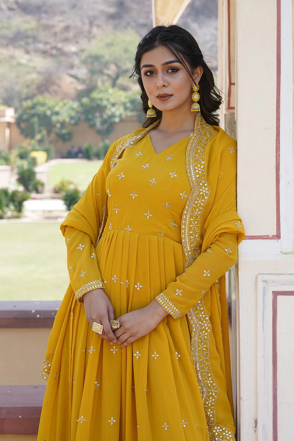 Yellow Color Georgette with Zari & Sequins Embroidery Gown With Dupatta