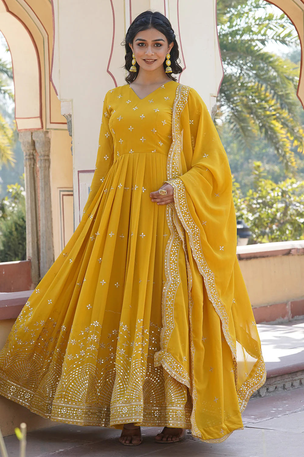 Yellow Color Georgette with Zari & Sequins Embroidery Gown With Dupatta