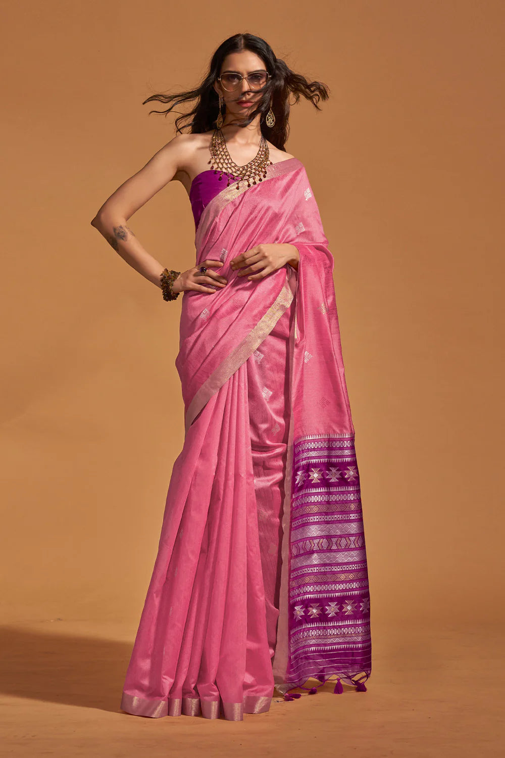 Baby Pink Banarasi Silk Saree With Blouse Piece