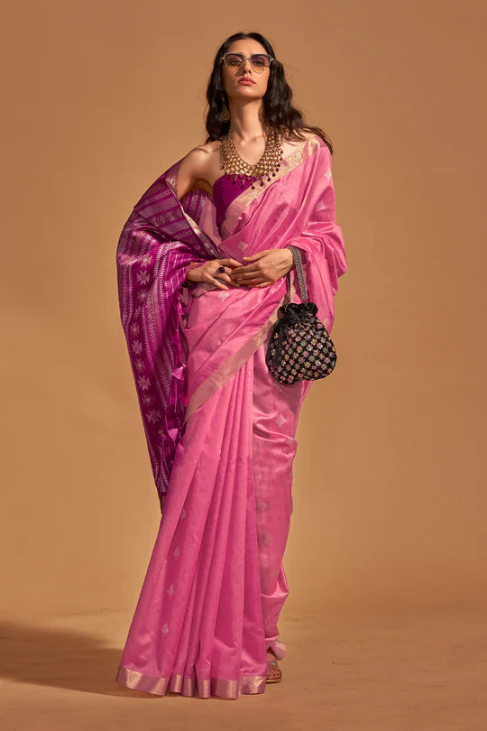 Baby Pink Banarasi Silk Saree With Blouse Piece