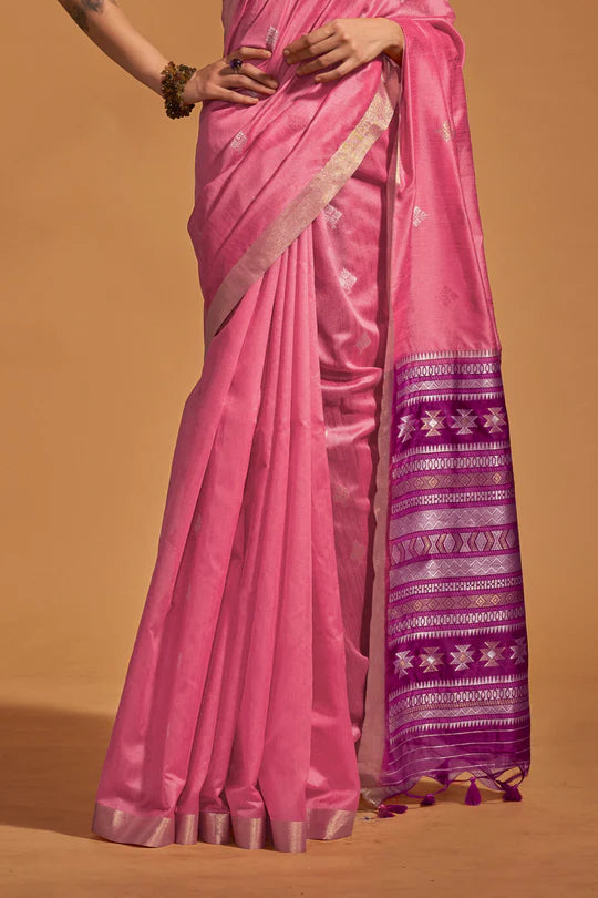 Baby Pink Banarasi Silk Saree With Blouse Piece