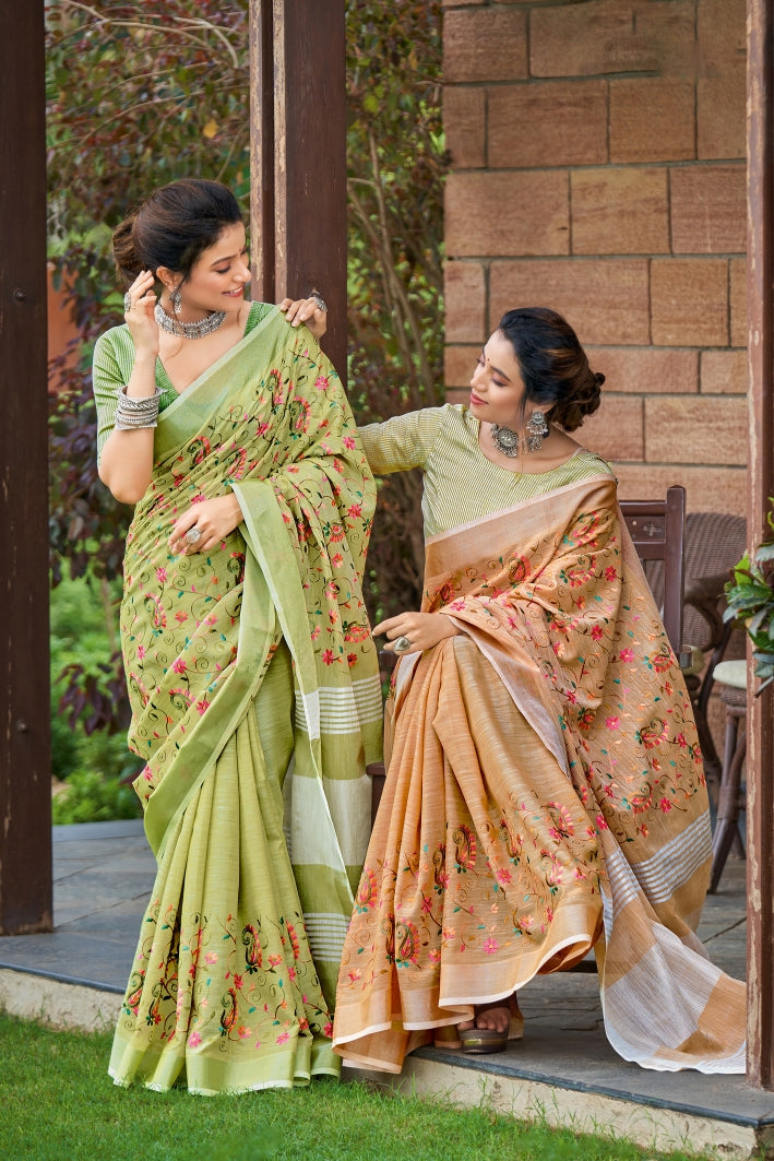 Pesto Green Handcrafted Linen Saree